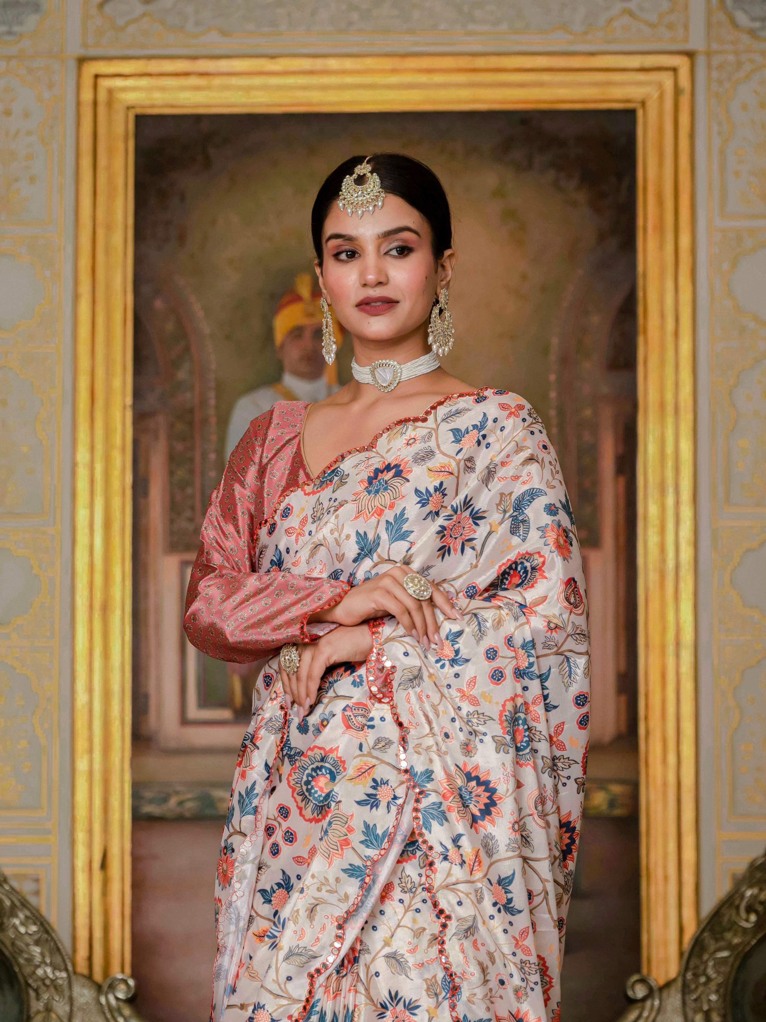 Jyoti Fashion Women's Multicolor Chinon Digital Print with Mirror Saree with Blouse - Distacart