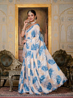 Jyoti Fashion Women's Blue Chinon Digital Print with Mirror Saree with Blouse - Distacart