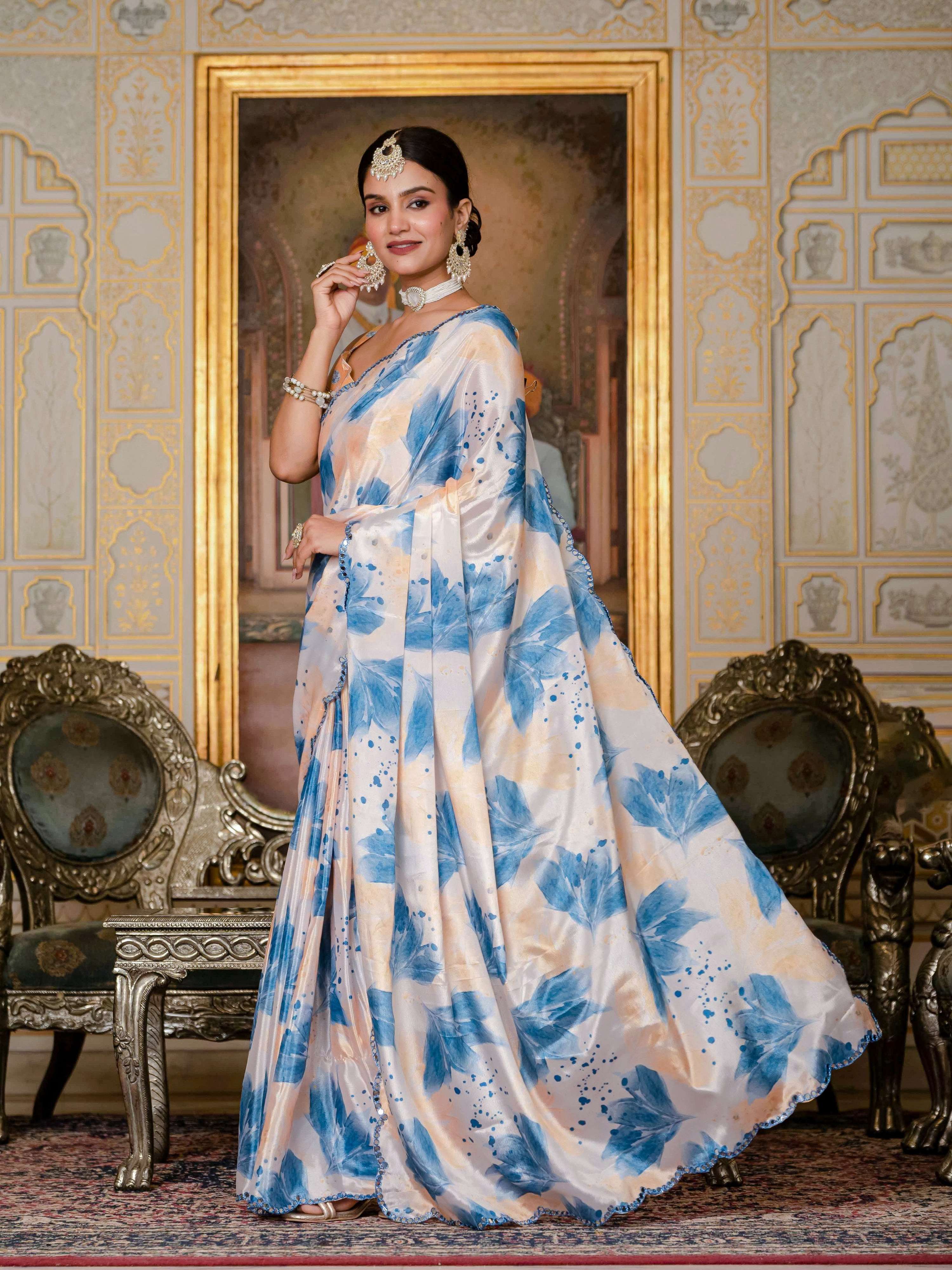 Jyoti Fashion Women's Blue Chinon Digital Print with Mirror Saree with Blouse - Distacart