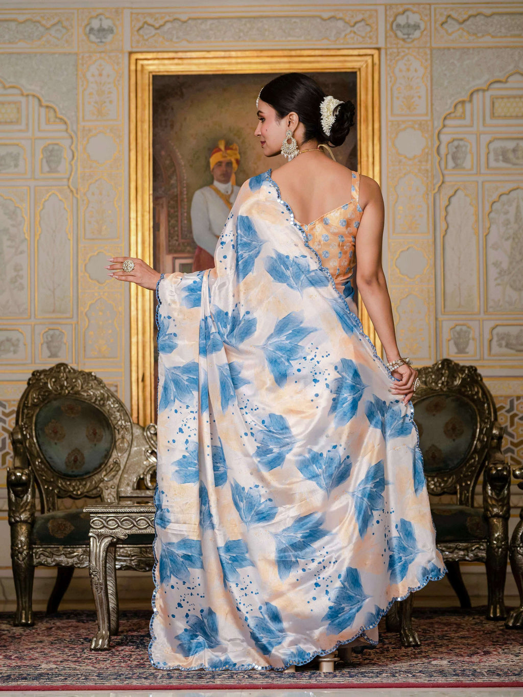 Jyoti Fashion Women's Blue Chinon Digital Print with Mirror Saree with Blouse - Distacart