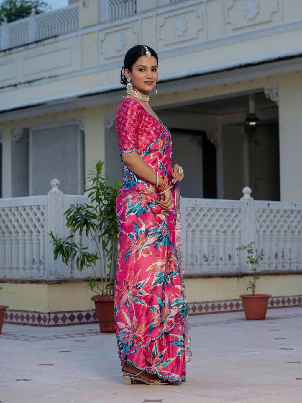 Jyoti Fashion Women's Rani Pink Chinon Digital Print with Mirror Saree with Blouse - Distacart