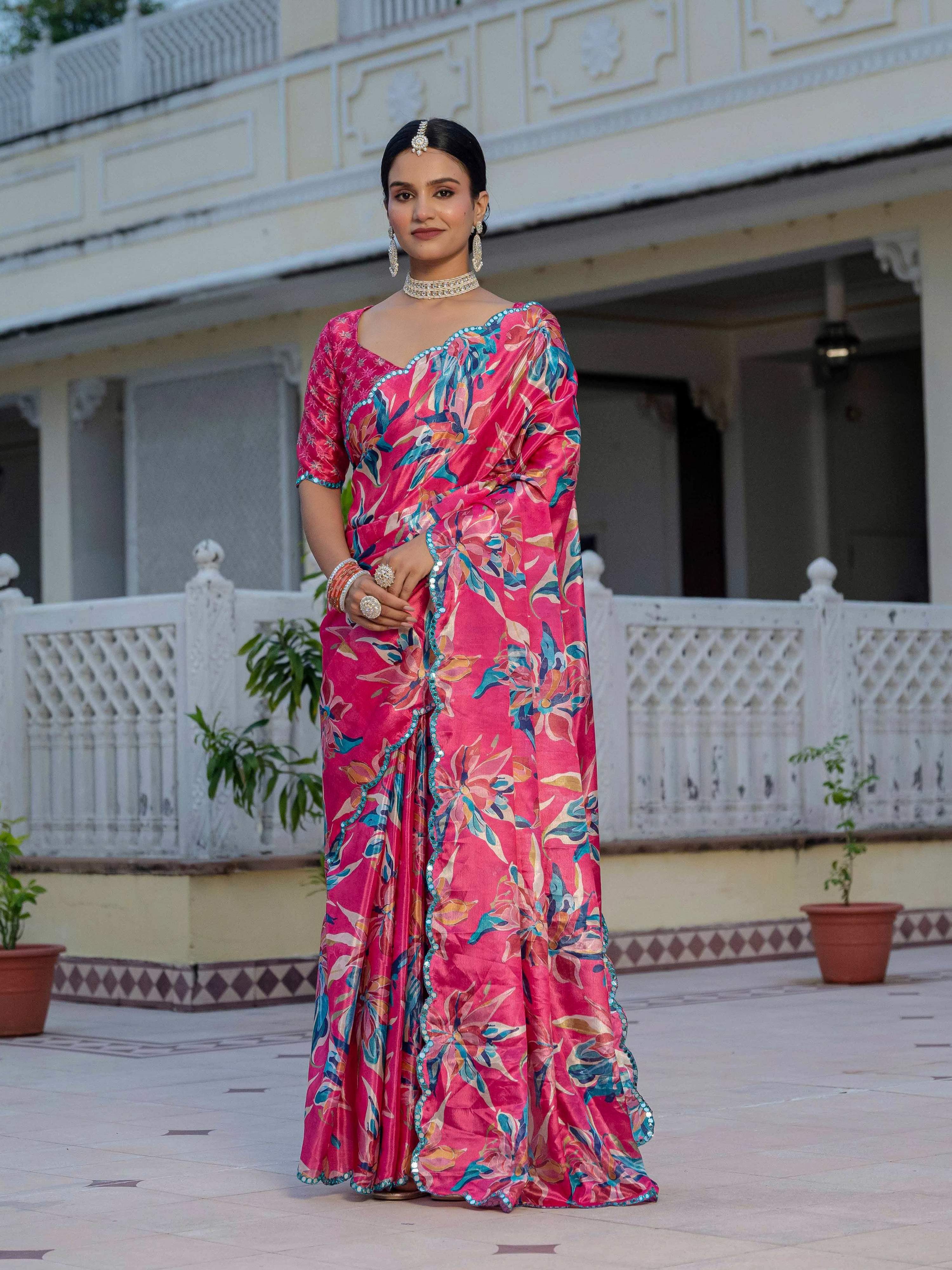 Jyoti Fashion Women's Rani Pink Chinon Digital Print with Mirror Saree with Blouse - Distacart