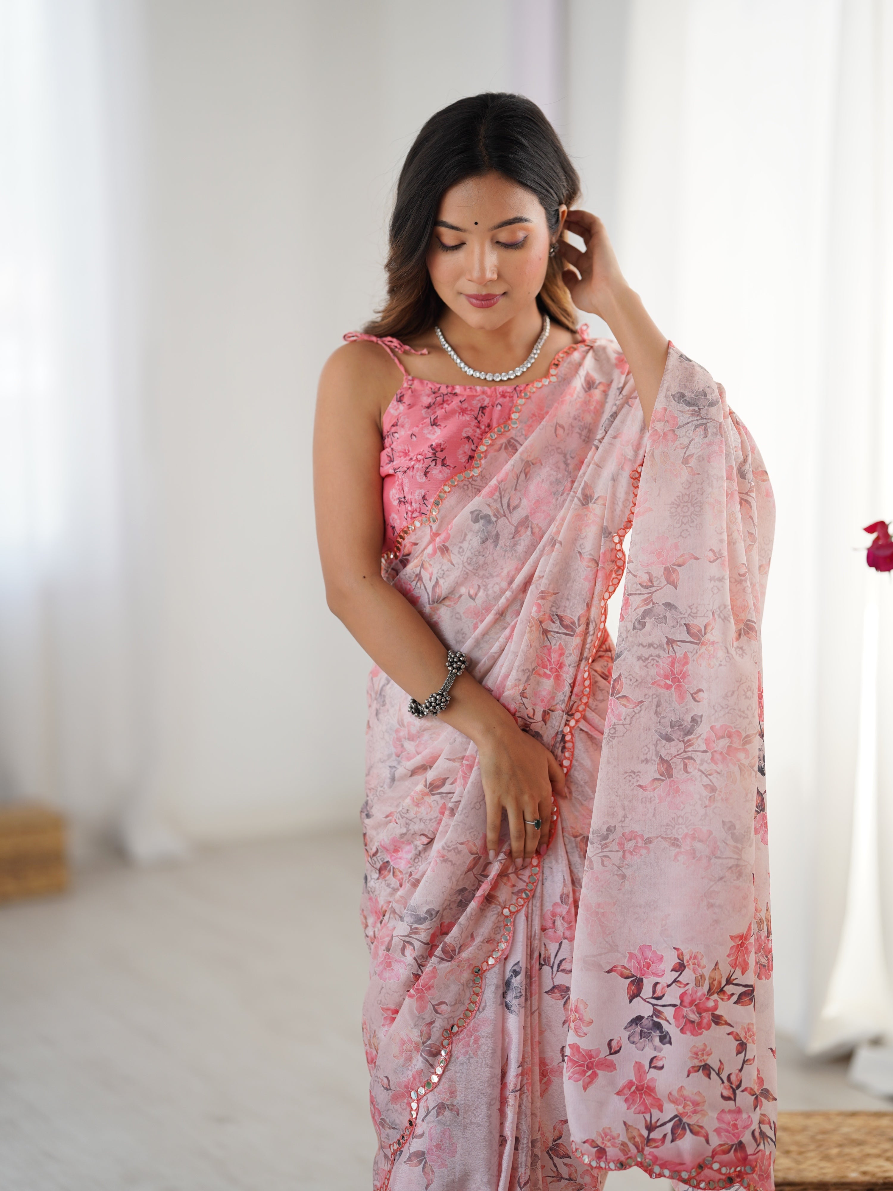 Jyoti Fashion Women's Pink Chinon Digital Printed Designer Saree with Blouse - Distacart