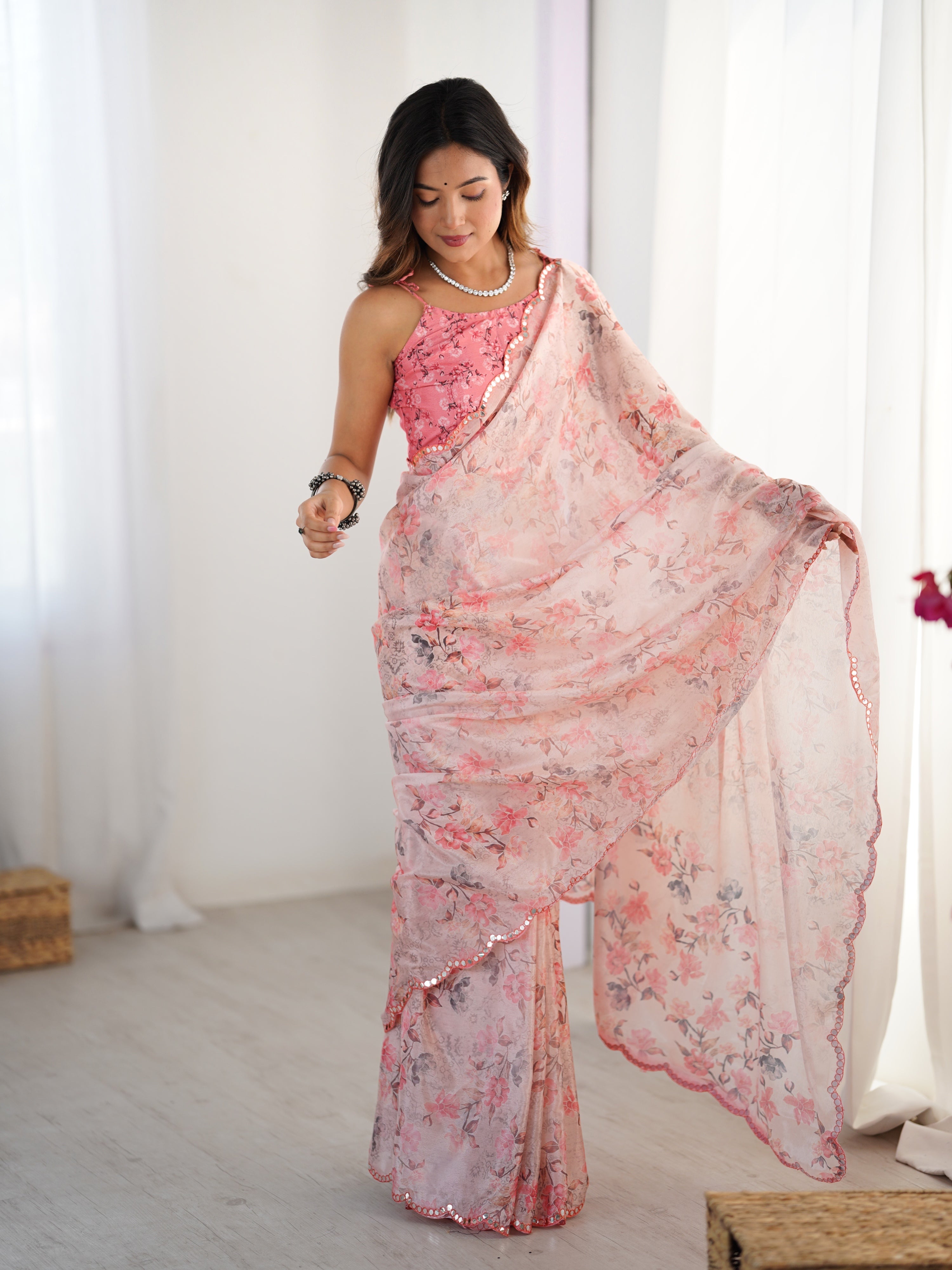 Jyoti Fashion Women's Pink Chinon Digital Printed Designer Saree with Blouse - Distacart