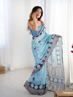 Jyoti Fashion Women's Sky Blue Chinon Digital Printed Designer Saree with Blouse - Distacart