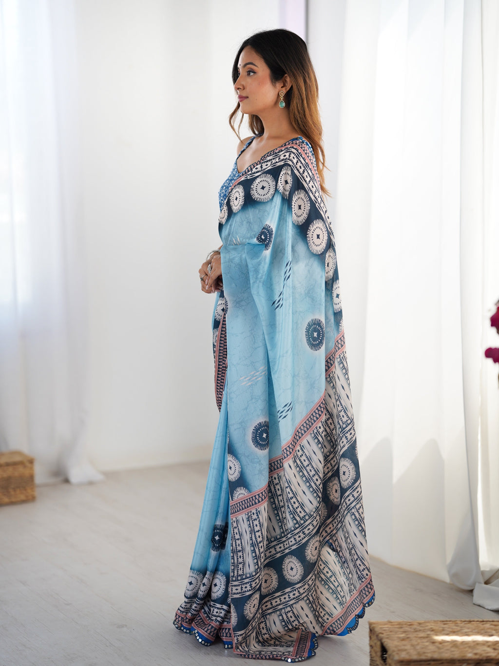 Jyoti Fashion Women's Sky Blue Chinon Digital Printed Designer Saree with Blouse - Distacart