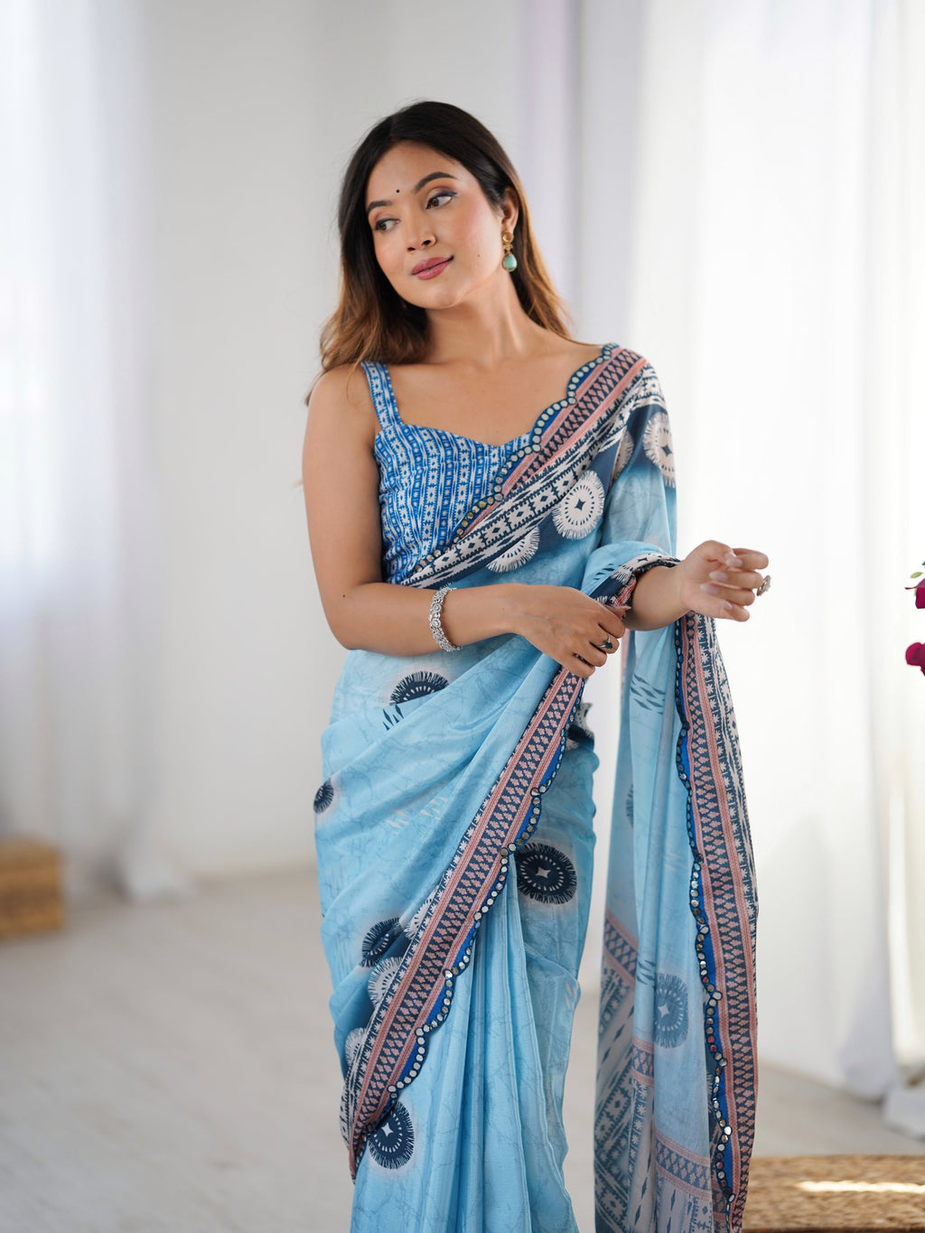 Jyoti Fashion Women's Sky Blue Chinon Digital Printed Designer Saree with Blouse - Distacart