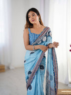 Jyoti Fashion Women's Sky Blue Chinon Digital Printed Designer Saree with Blouse - Distacart