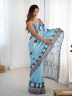 Jyoti Fashion Women's Sky Blue Chinon Digital Printed Designer Saree with Blouse - Distacart