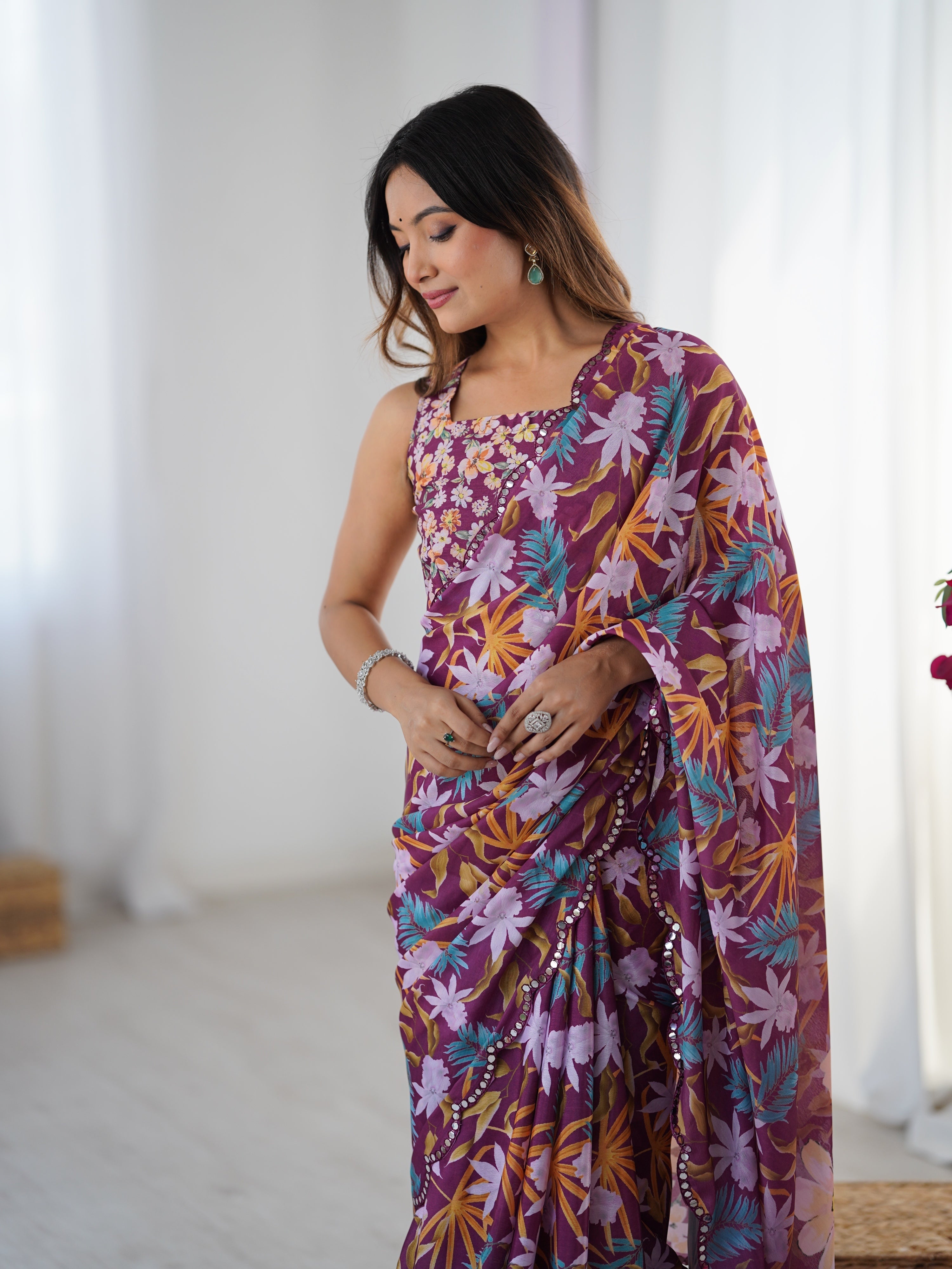 Jyoti Fashion Women's Multicolor Chinon Digital Printed Designer Saree with Blouse - Distacart