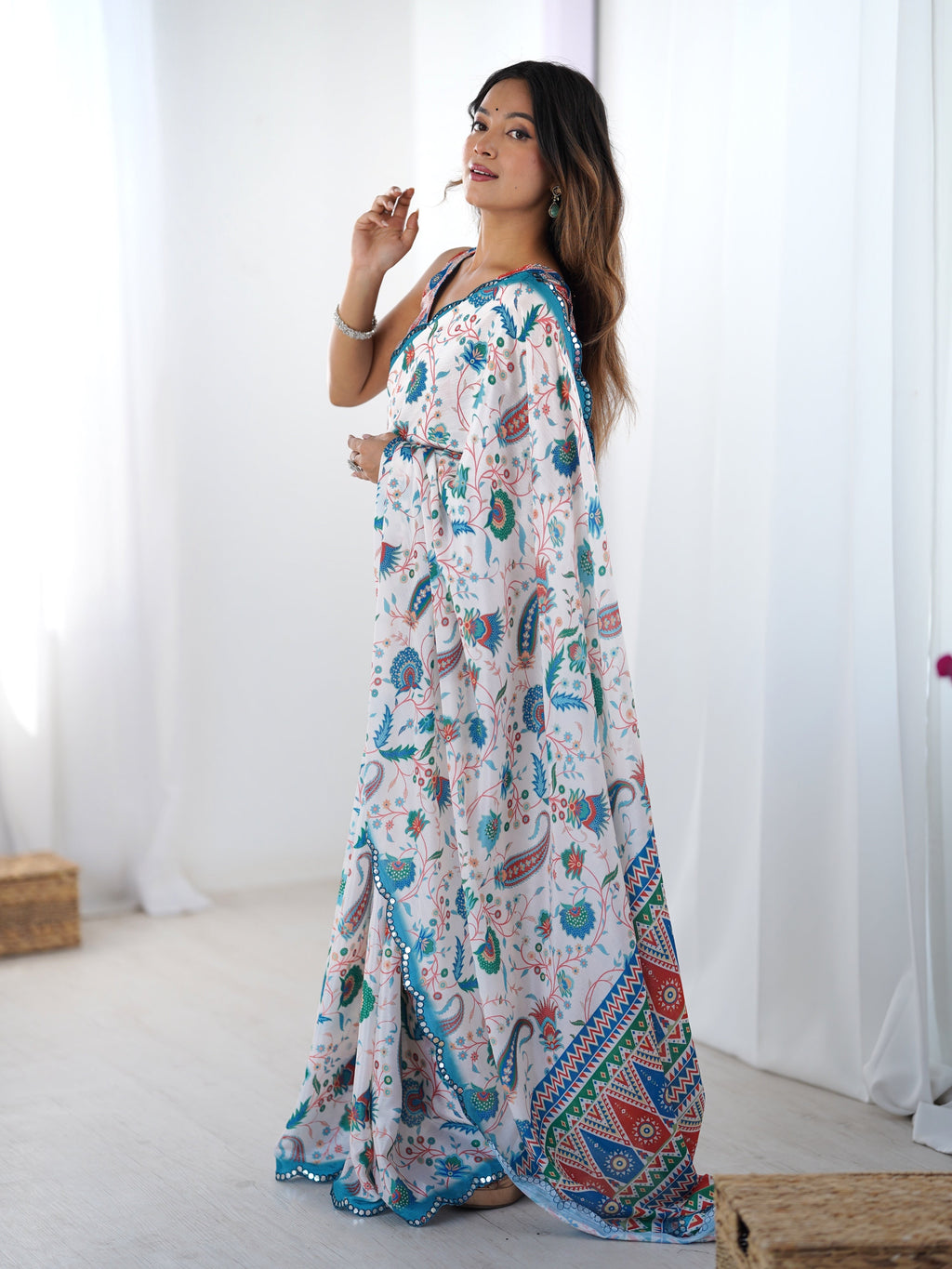 Jyoti Fashion Women's Multicolor Chinon Digital Printed Designer Saree with Blouse - Distacart