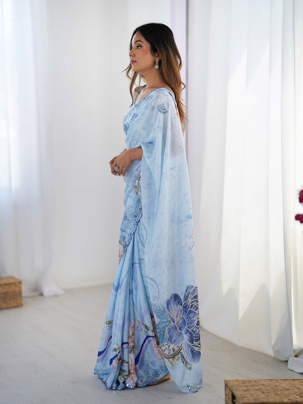Jyoti Fashion Women's Sky Blue Chinon Digital Printed Designer Saree with Blouse - Distacart