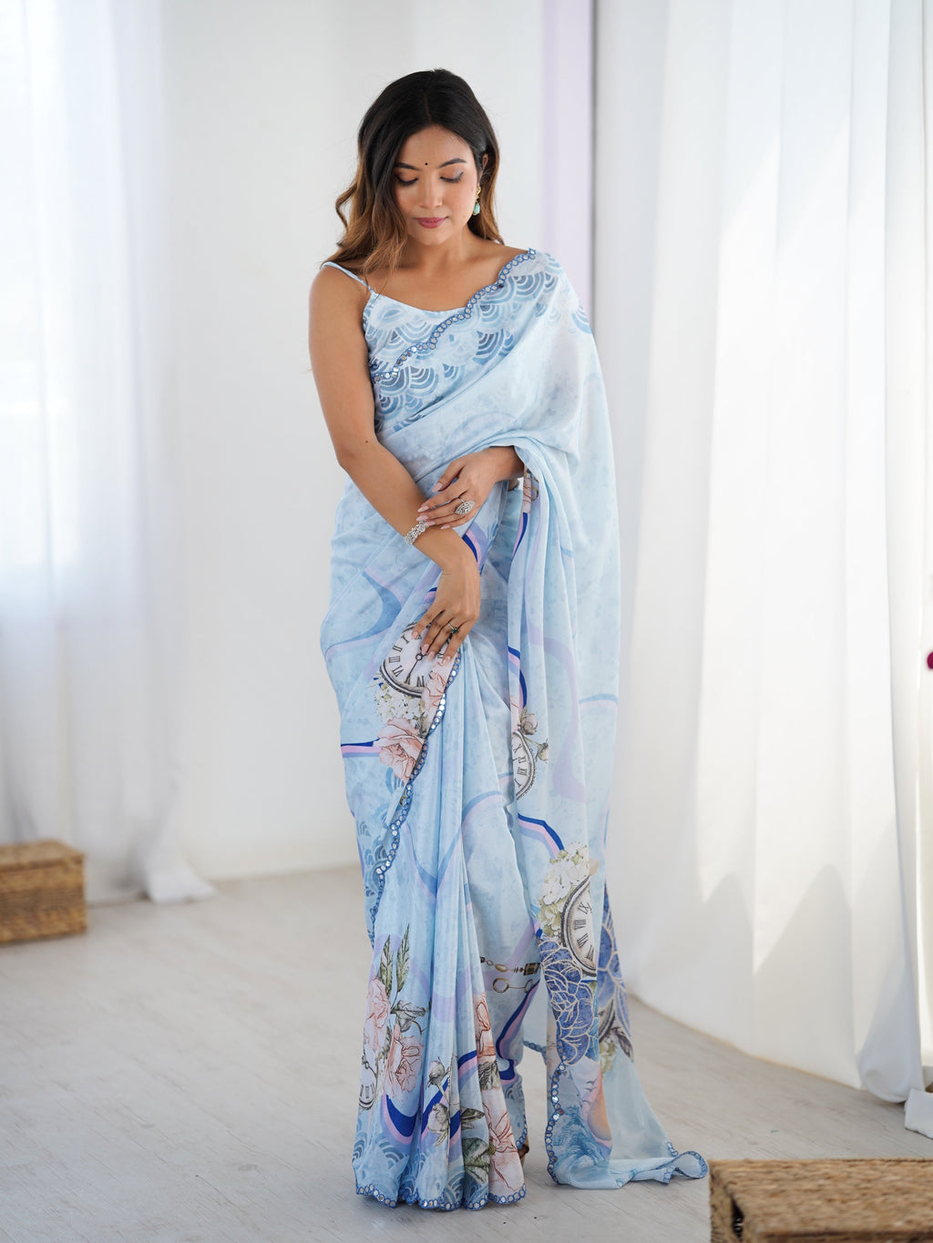 Jyoti Fashion Women's Sky Blue Chinon Digital Printed Designer Saree with Blouse - Distacart
