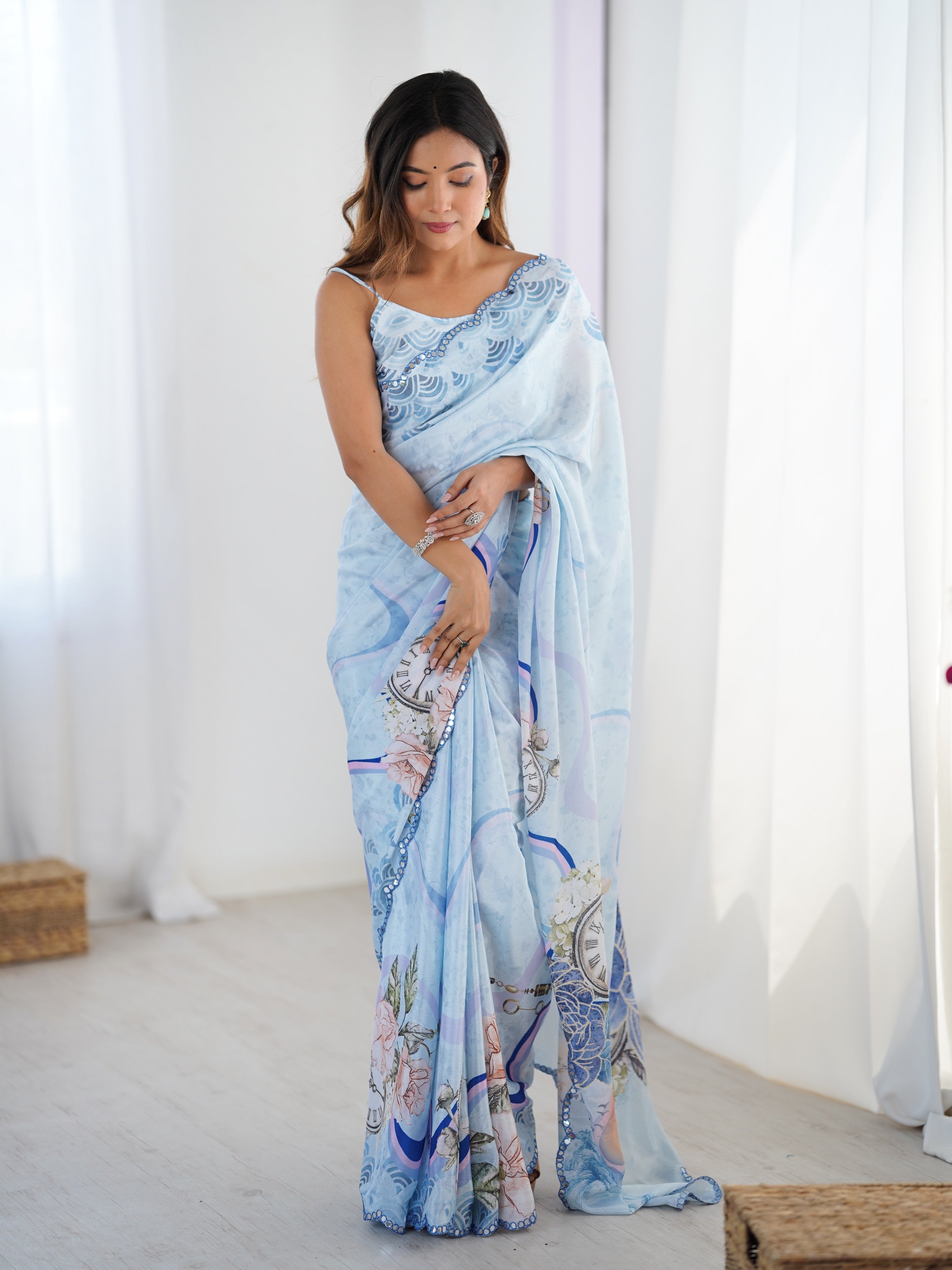 Jyoti Fashion Women's Sky Blue Chinon Digital Printed Designer Saree with Blouse - Distacart