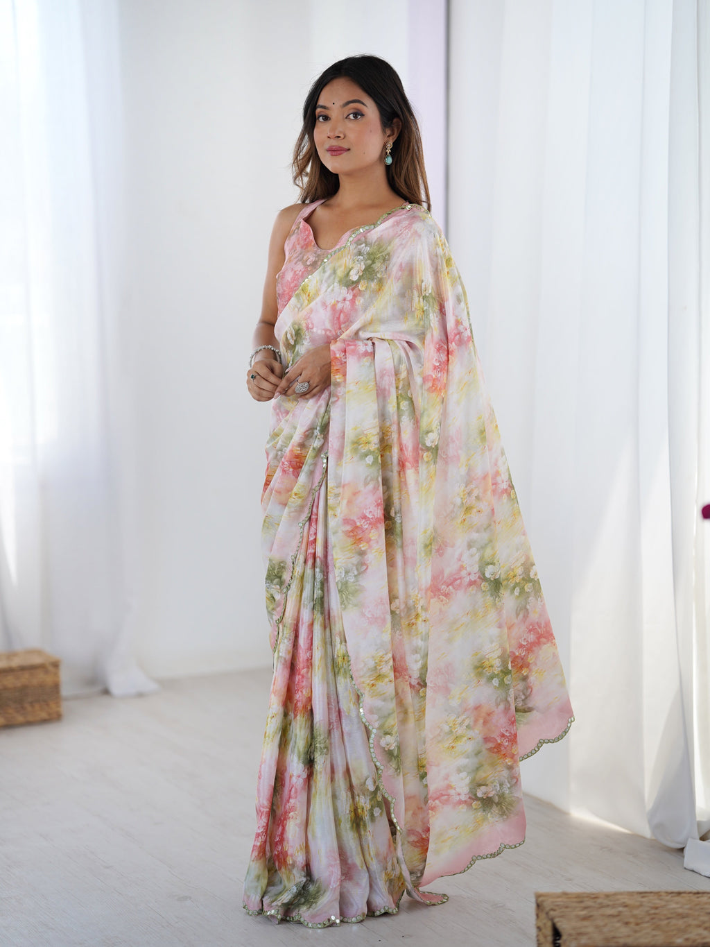 Jyoti Fashion Women's Multicolor Chinon Digital Printed Designer Saree with Blouse - Distacart
