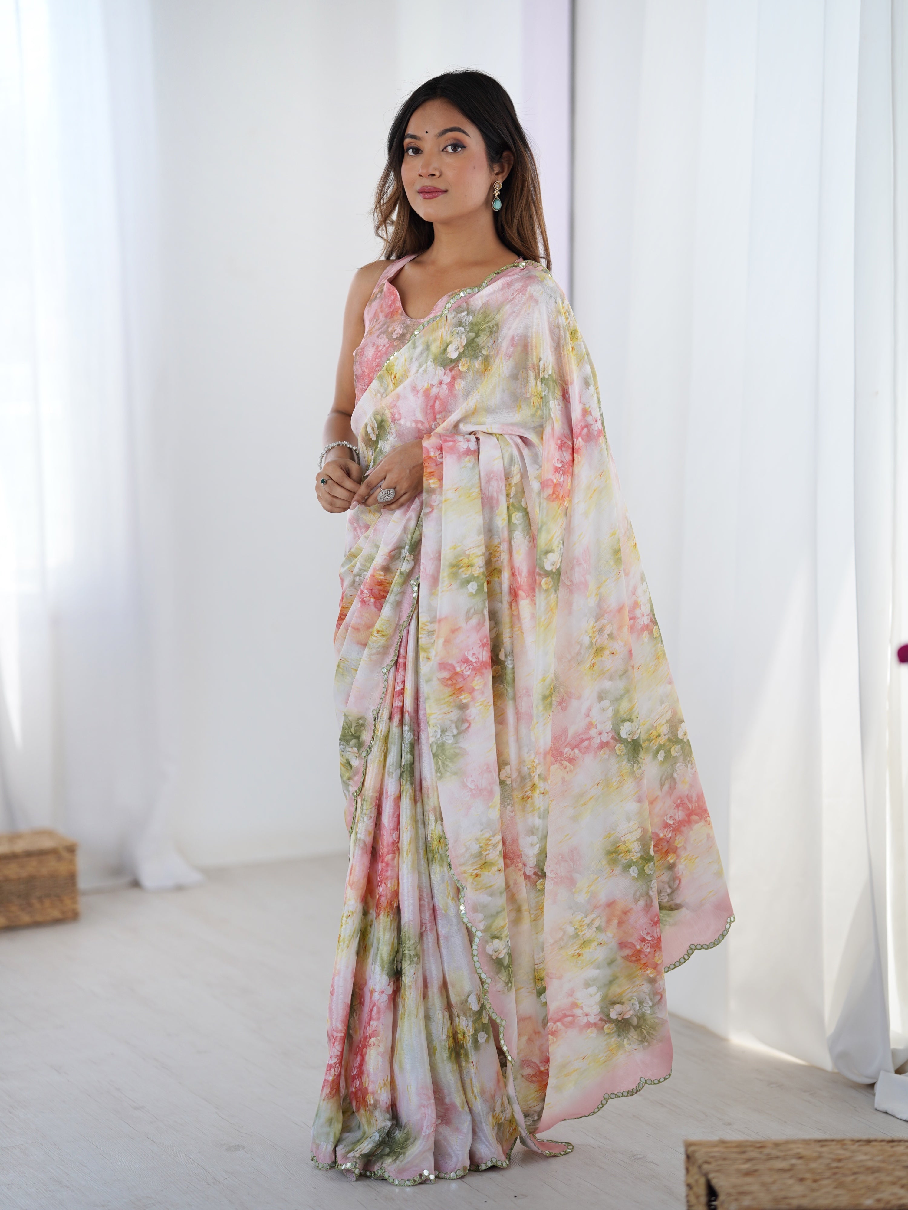 Jyoti Fashion Women's Multicolor Chinon Digital Printed Designer Saree with Blouse - Distacart