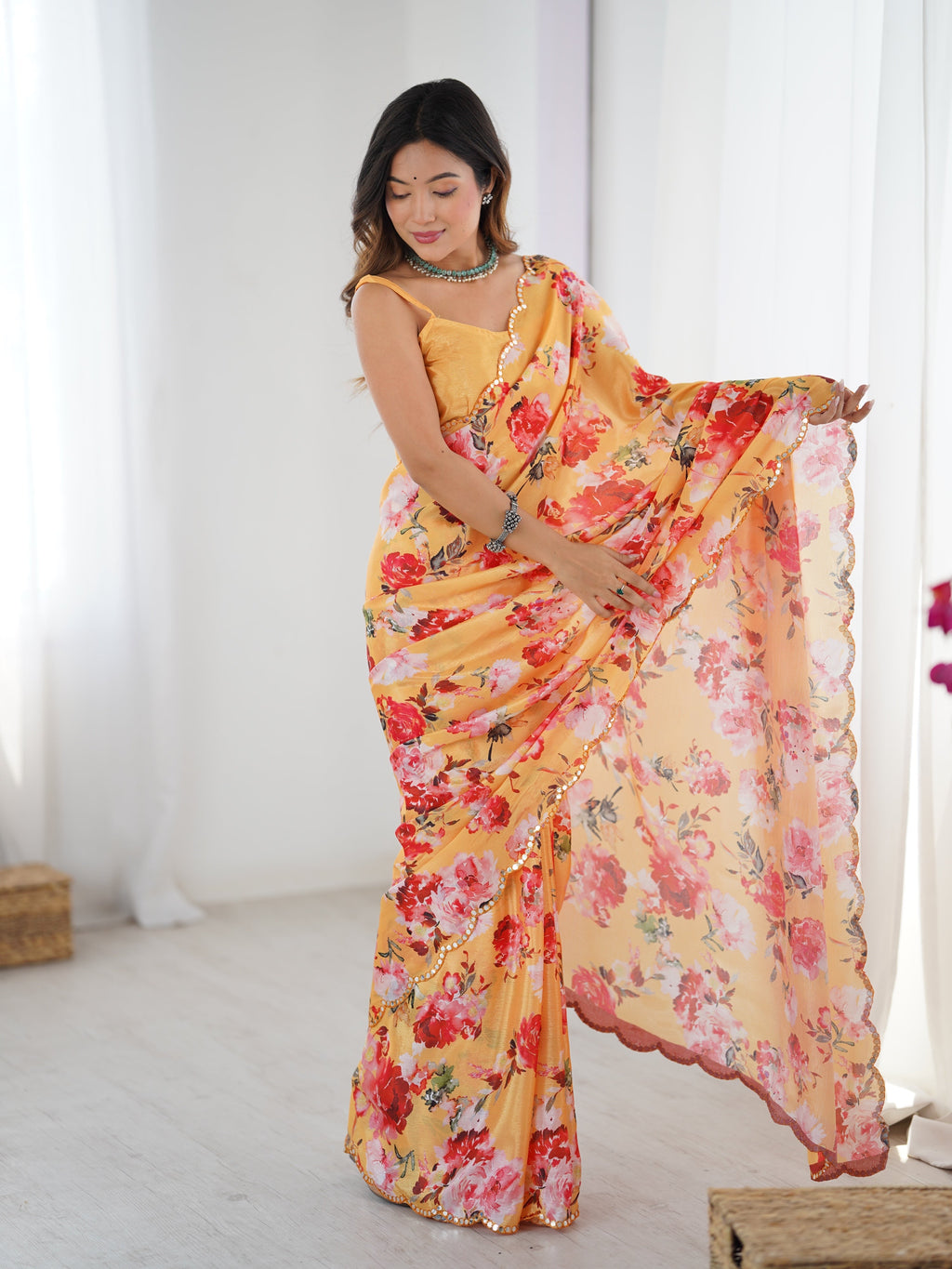 Jyoti Fashion Women's Yellow Chinon Digital Printed Designer Saree with Blouse - Distacart