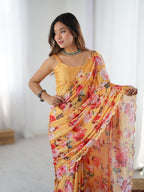 Jyoti Fashion Women's Yellow Chinon Digital Printed Designer Saree with Blouse - Distacart