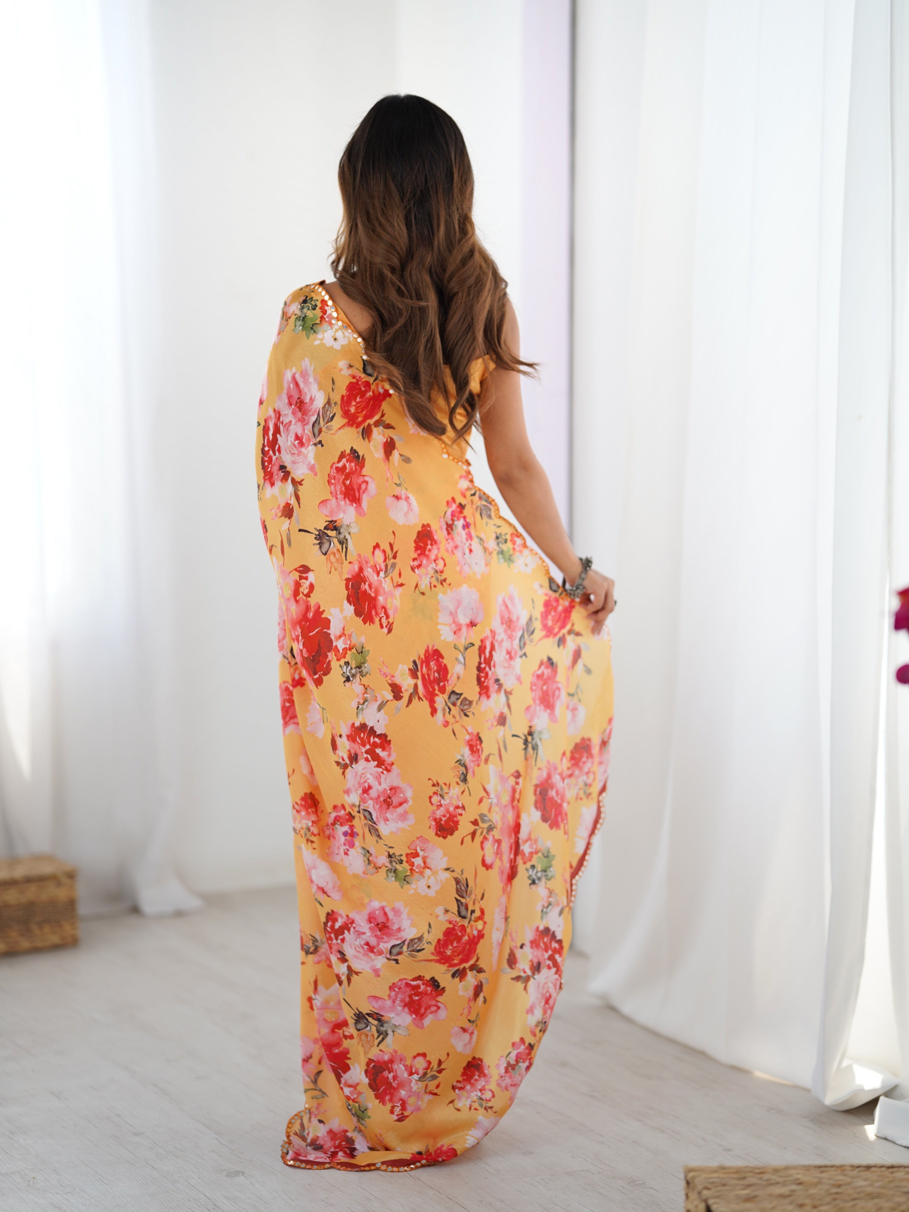 Jyoti Fashion Women's Yellow Chinon Digital Printed Designer Saree with Blouse - Distacart