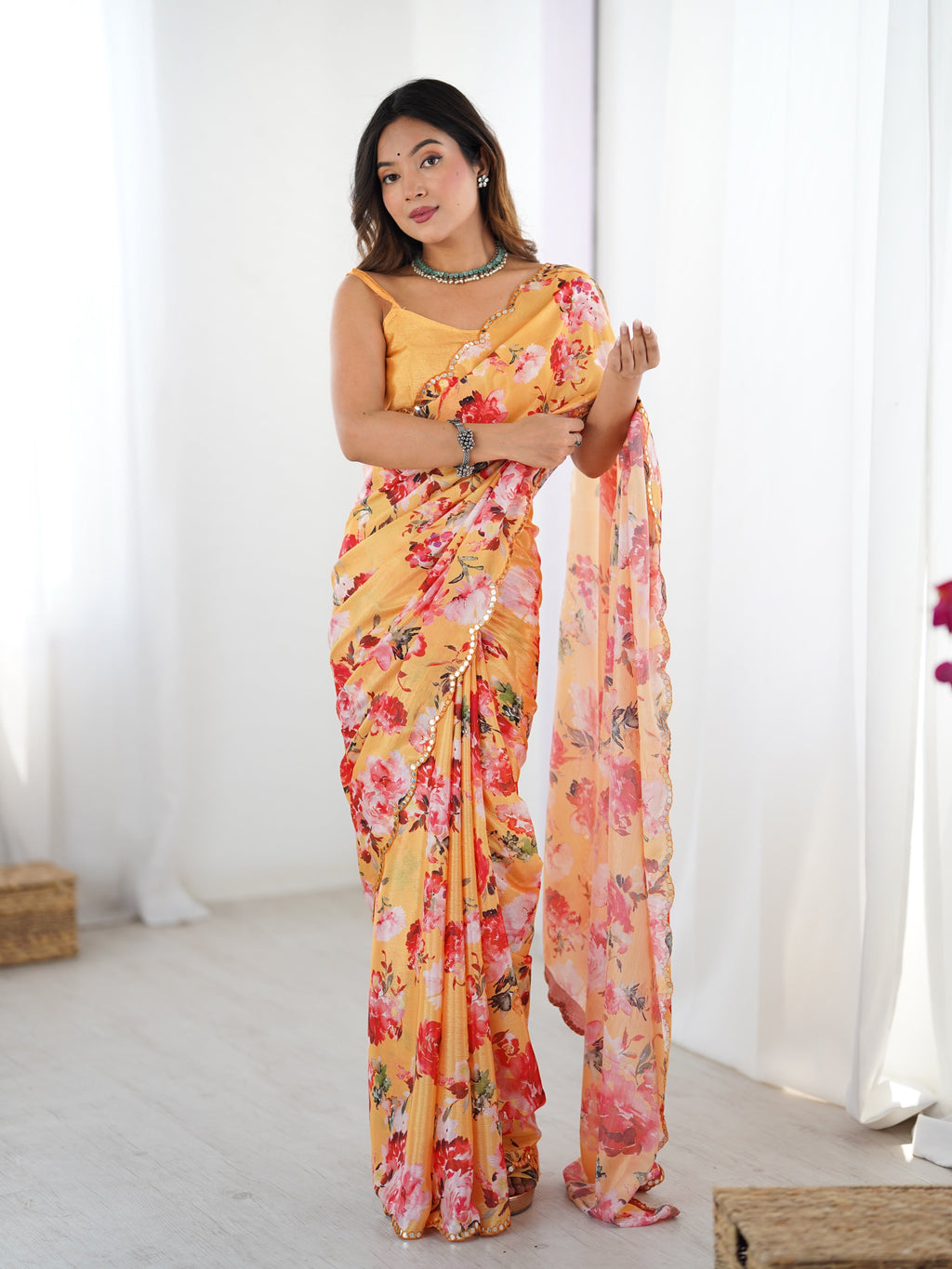 Jyoti Fashion Women's Yellow Chinon Digital Printed Designer Saree with Blouse - Distacart