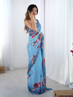 Jyoti Fashion Women's Sky Blue Chinon Digital Printed Designer Saree with Blouse - Distacart