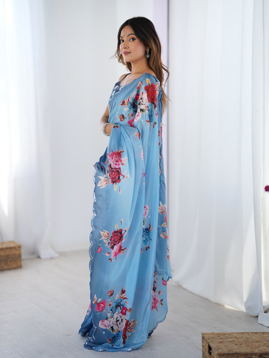 Jyoti Fashion Women's Sky Blue Chinon Digital Printed Designer Saree with Blouse - Distacart