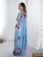 Jyoti Fashion Women's Sky Blue Chinon Digital Printed Designer Saree with Blouse - Distacart