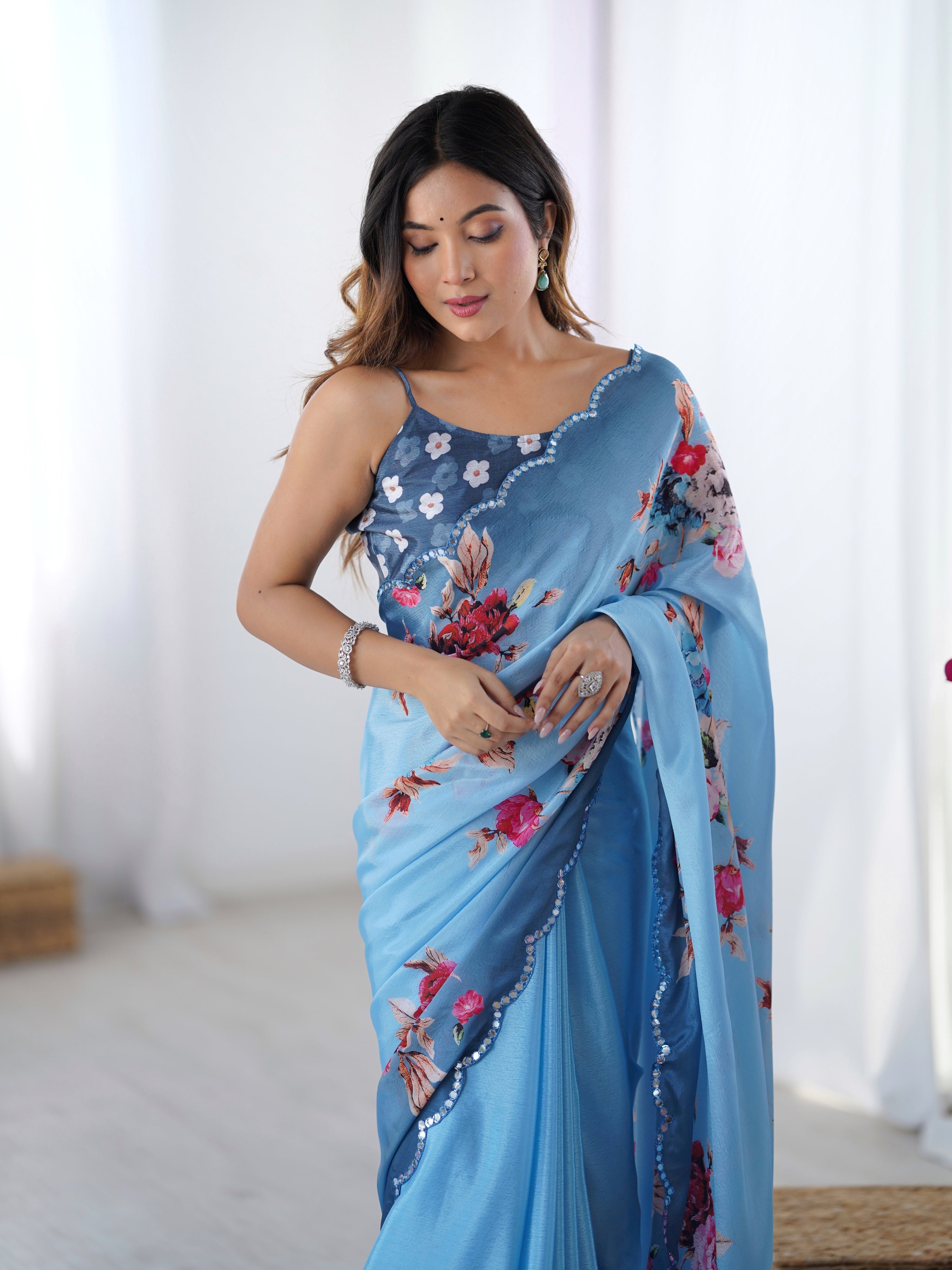 Jyoti Fashion Women's Sky Blue Chinon Digital Printed Designer Saree with Blouse - Distacart