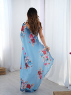 Jyoti Fashion Women's Sky Blue Chinon Digital Printed Designer Saree with Blouse - Distacart