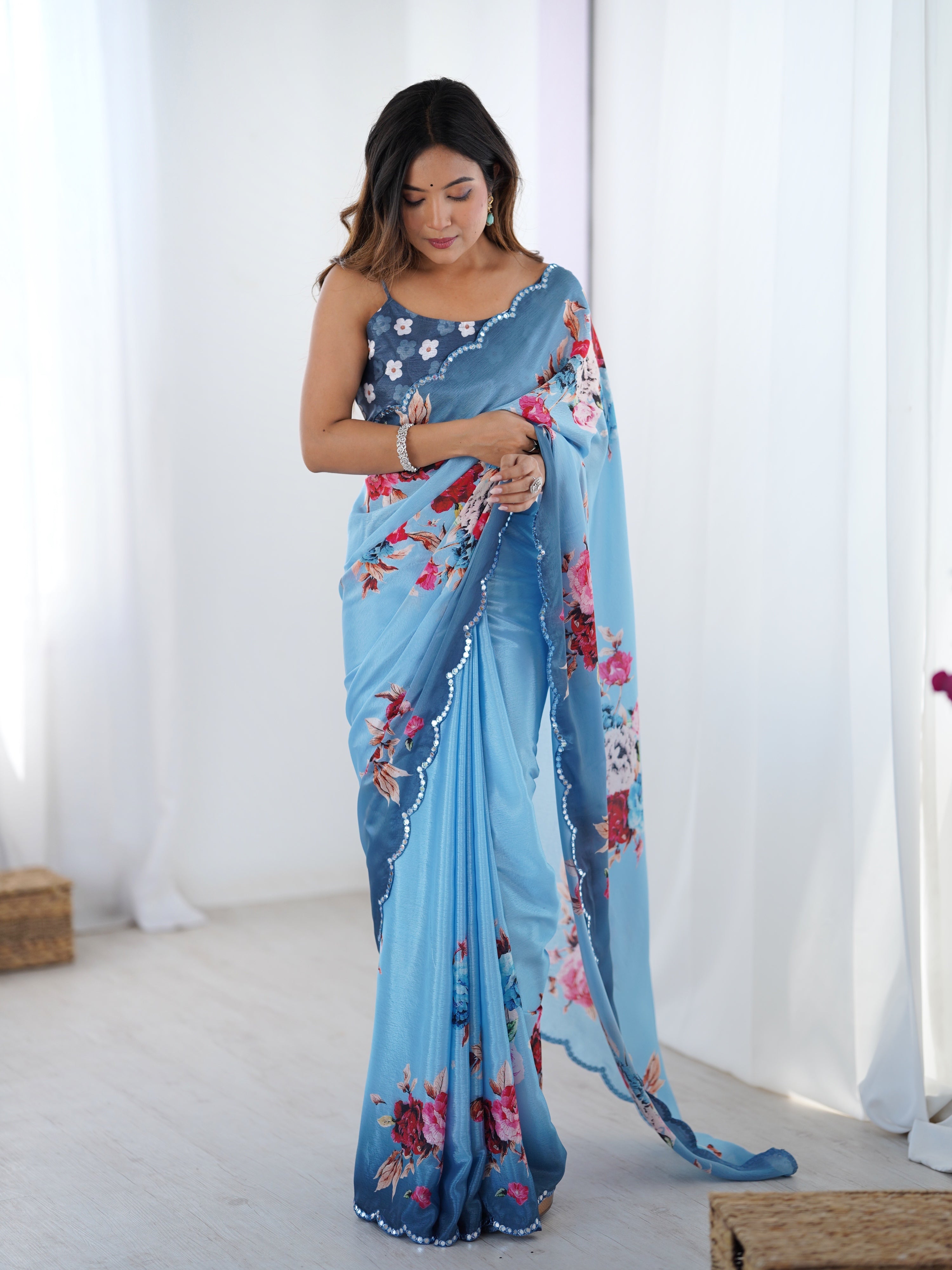 Jyoti Fashion Women's Sky Blue Chinon Digital Printed Designer Saree with Blouse - Distacart