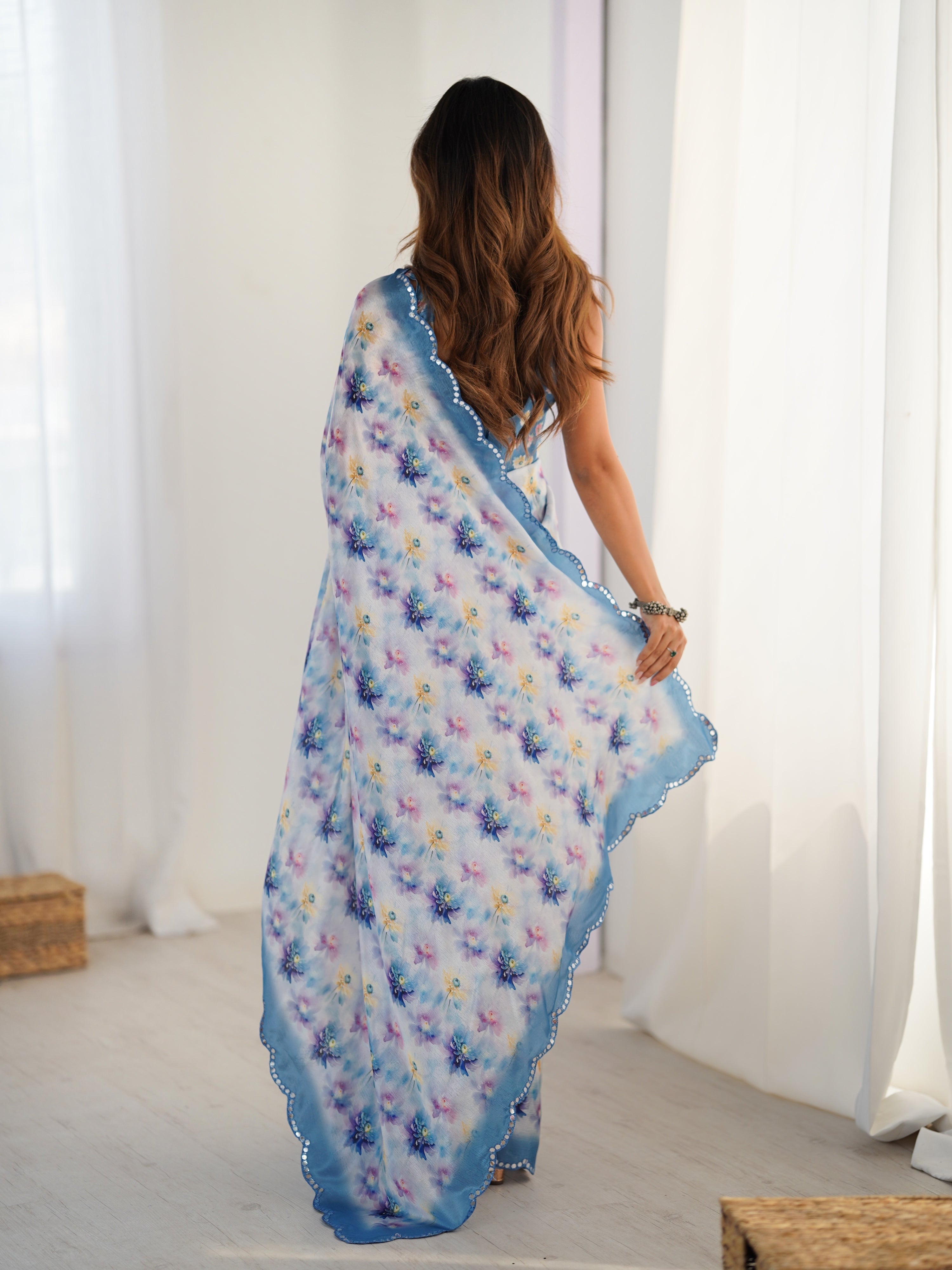 Jyoti Fashion Women's Blue Chinon Digital Printed Designer Saree with Blouse - Distacart