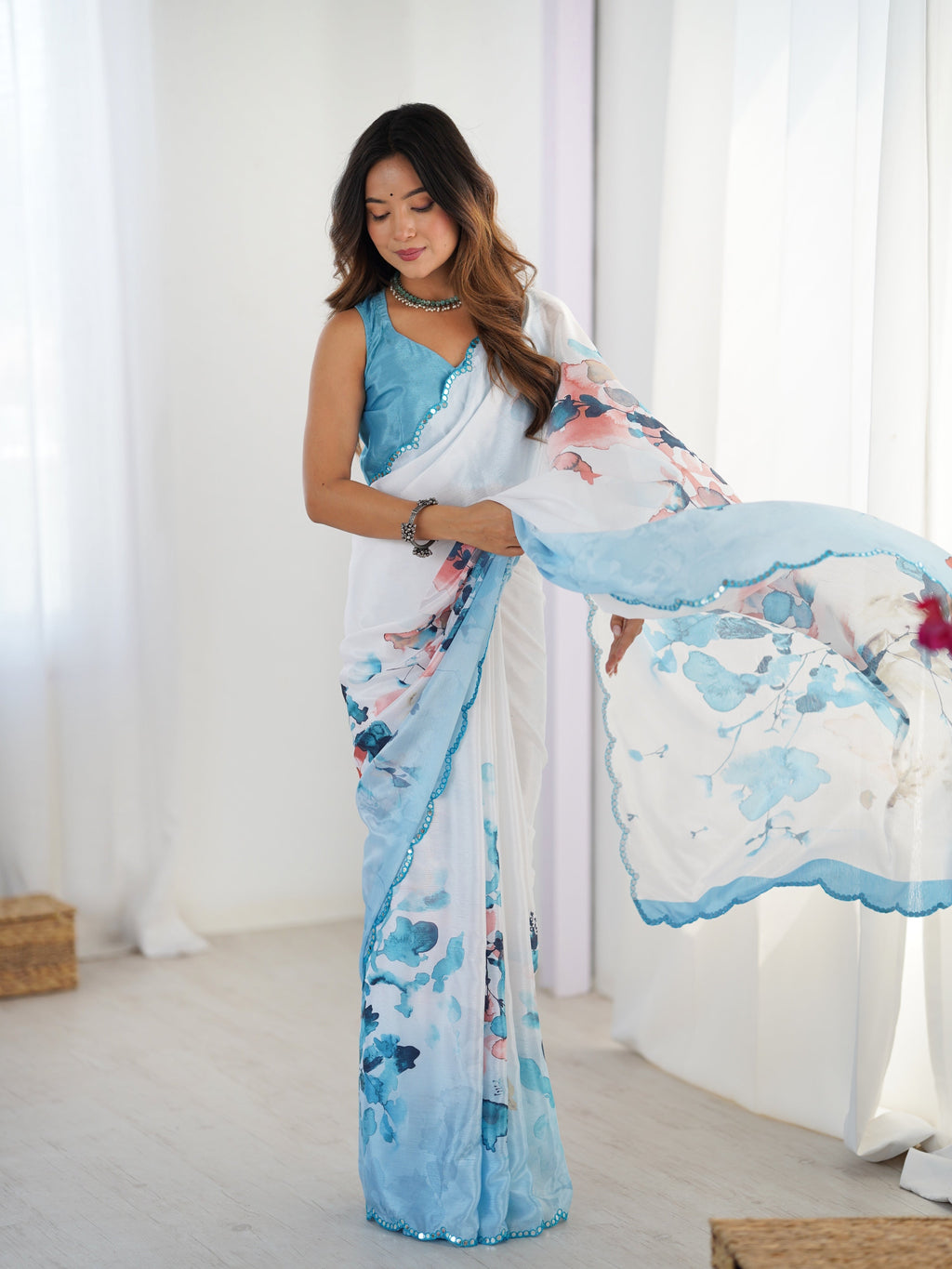 Jyoti Fashion Women's Sky Blue Chinon Digital Printed Designer Saree with Blouse - Distacart