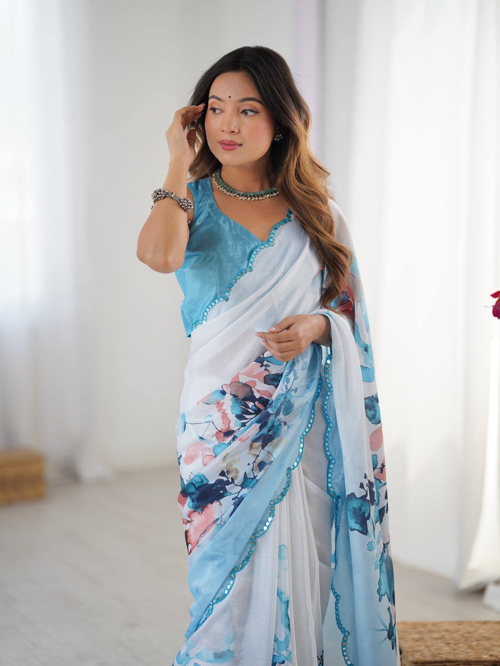 Jyoti Fashion Women's Sky Blue Chinon Digital Printed Designer Saree with Blouse - Distacart