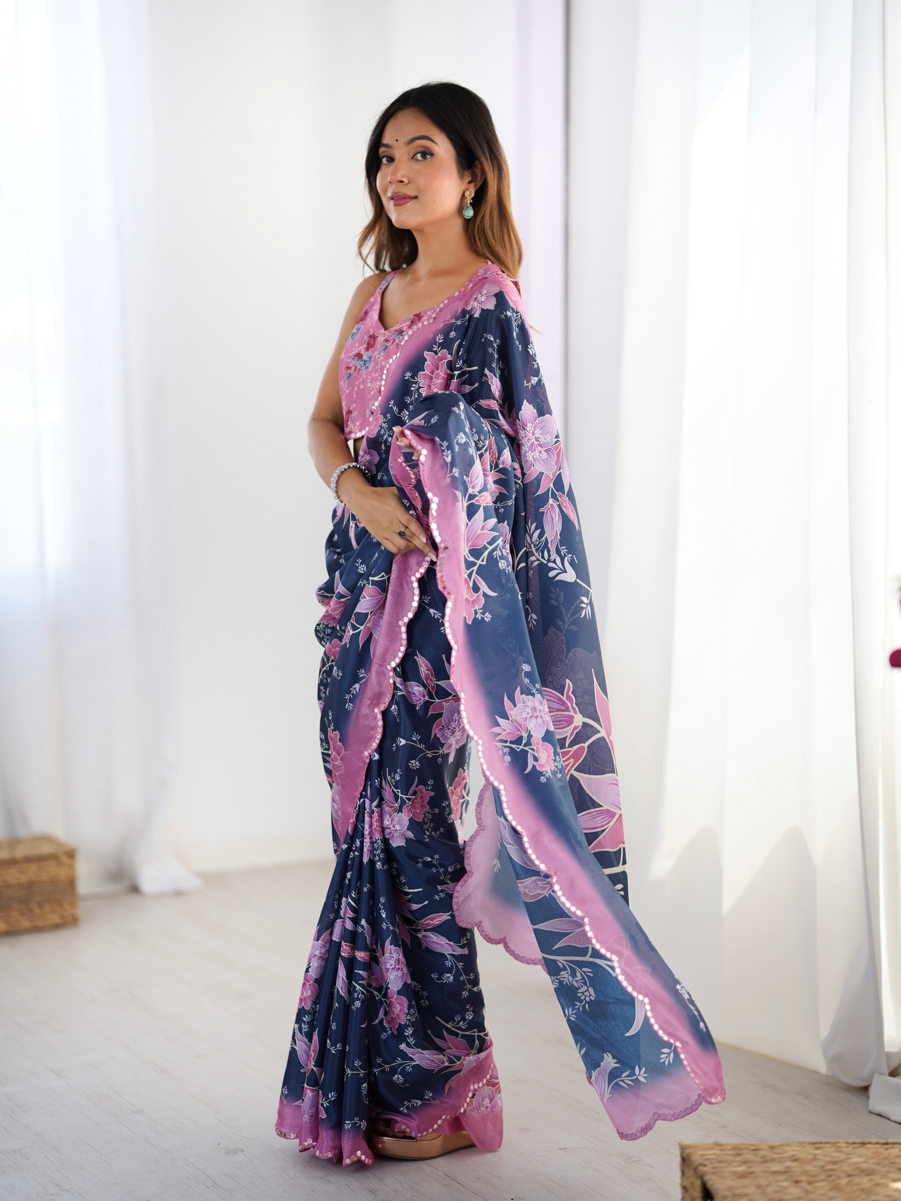 Jyoti Fashion Women's Navy Blue Chinon Digital Printed Designer Saree with Blouse - Distacart