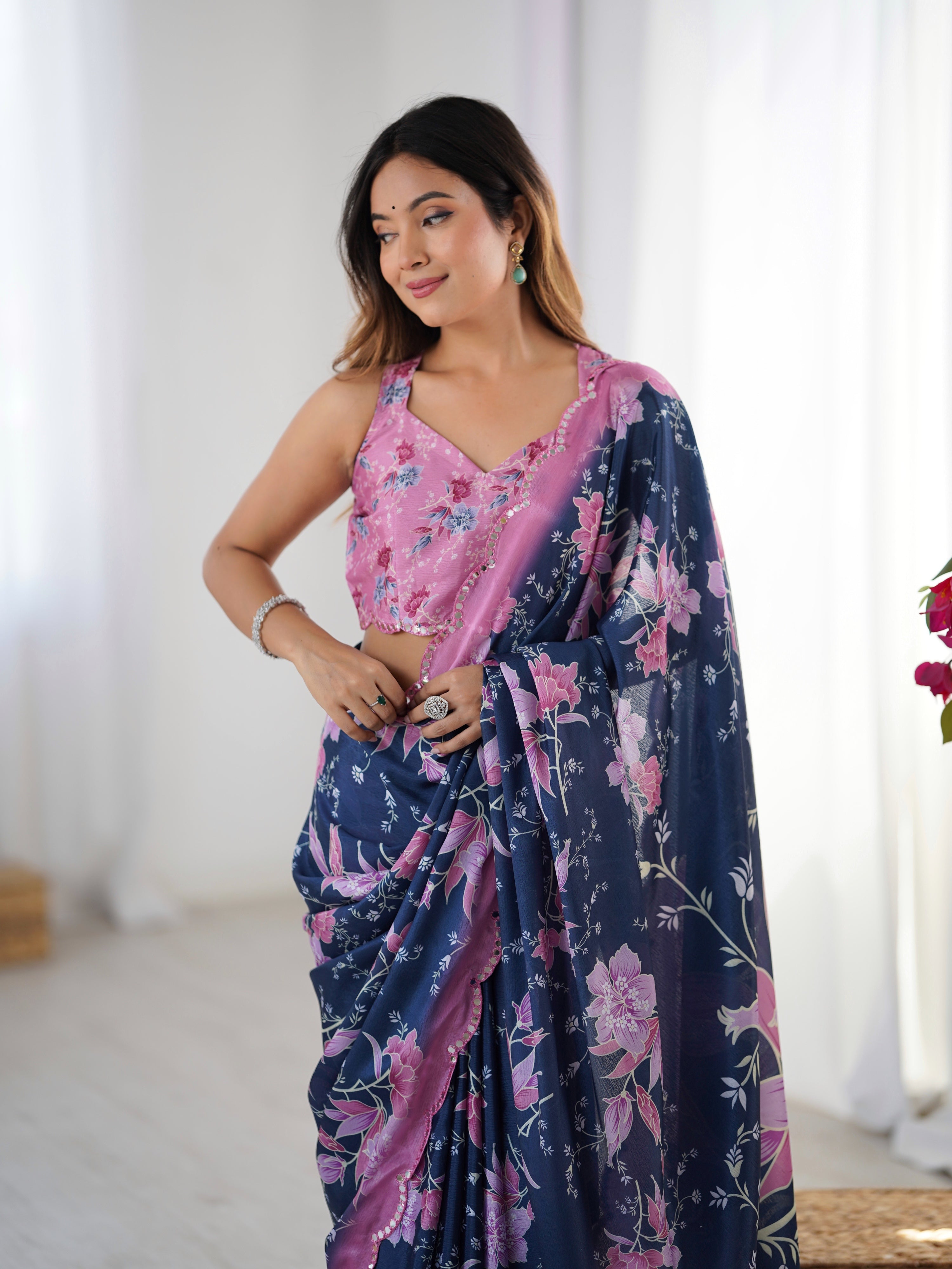 Jyoti Fashion Women's Navy Blue Chinon Digital Printed Designer Saree with Blouse - Distacart