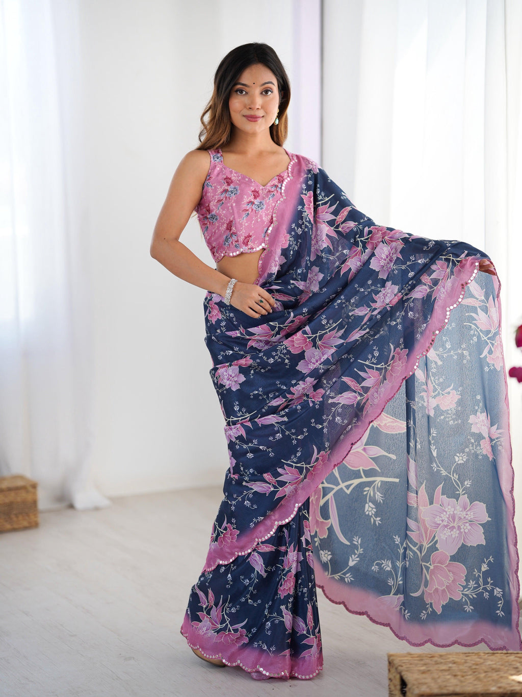 Jyoti Fashion Women's Navy Blue Chinon Digital Printed Designer Saree with Blouse - Distacart