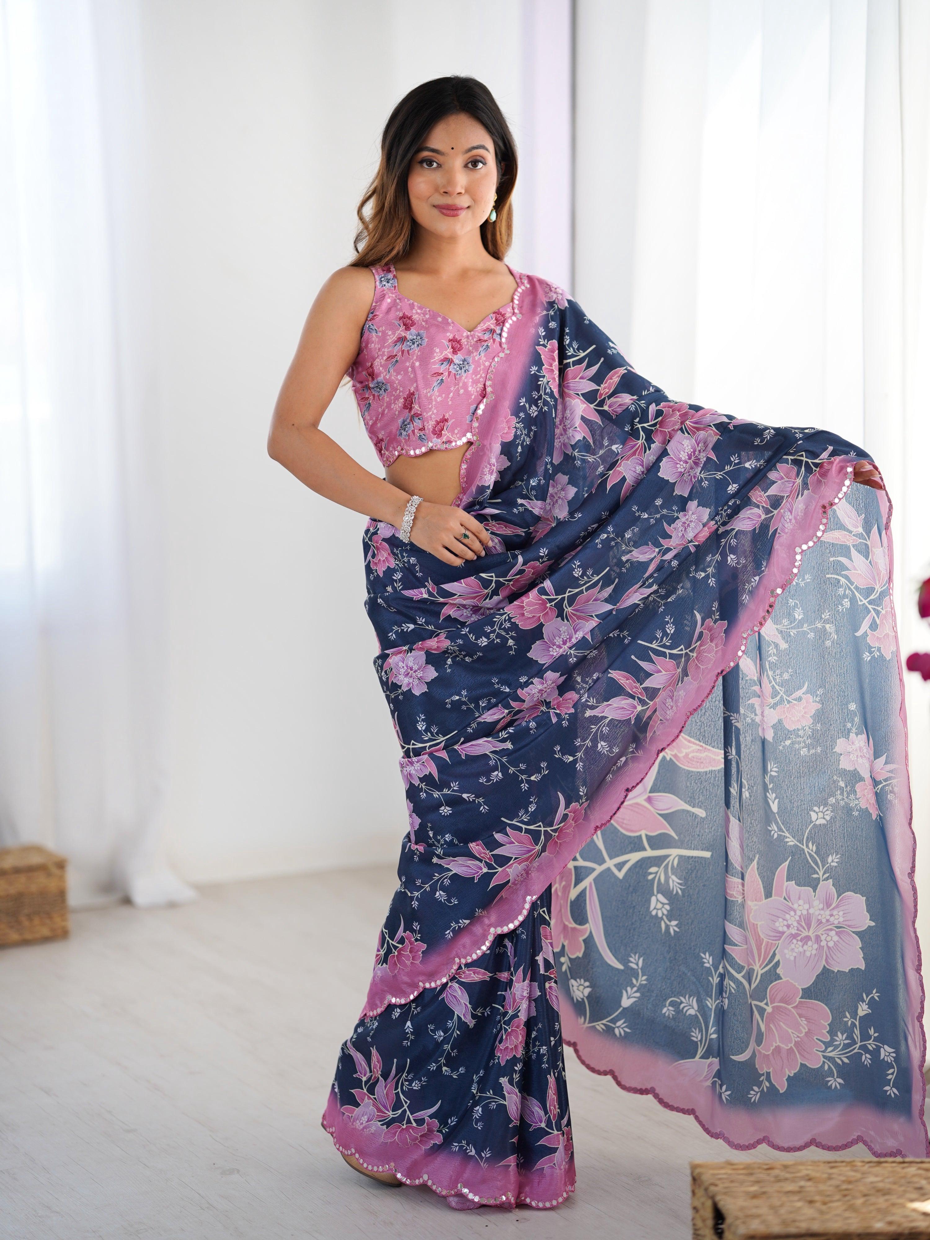 Jyoti Fashion Women's Navy Blue Chinon Digital Printed Designer Saree with Blouse - Distacart
