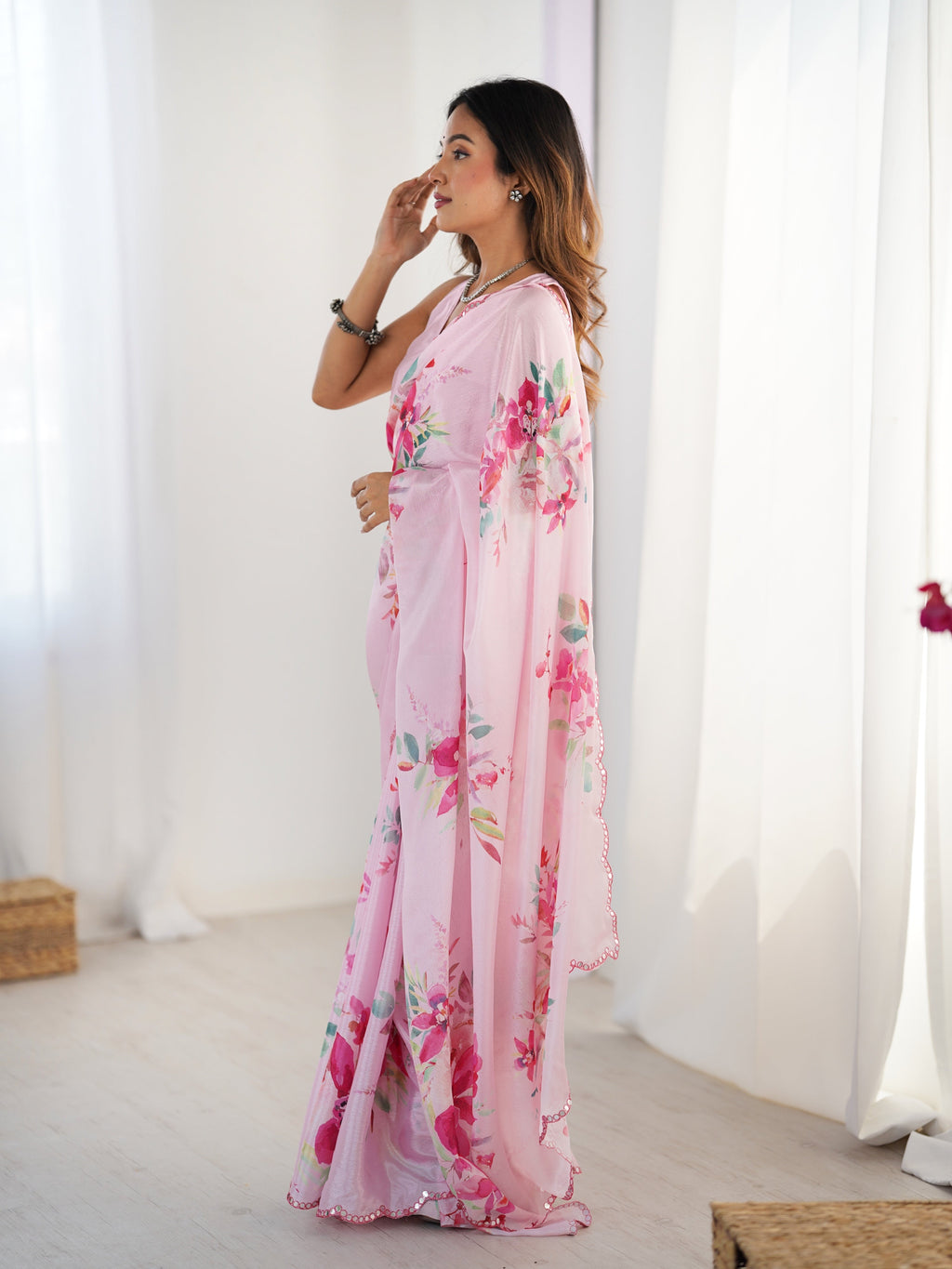 Jyoti Fashion Women's Baby Pink Chinon Digital Printed Designer Saree with Blouse - Distacart
