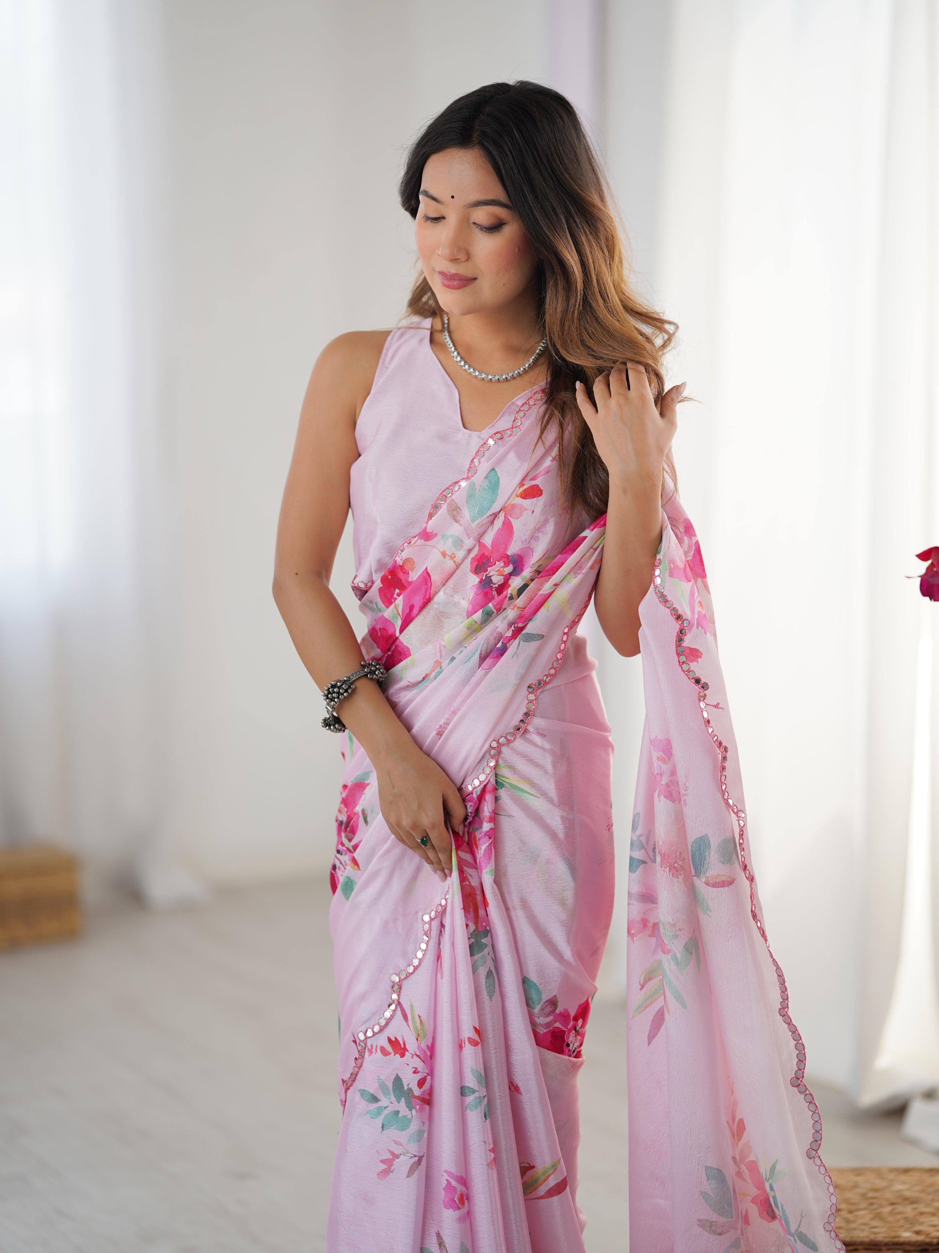 Jyoti Fashion Women's Baby Pink Chinon Digital Printed Designer Saree with Blouse - Distacart