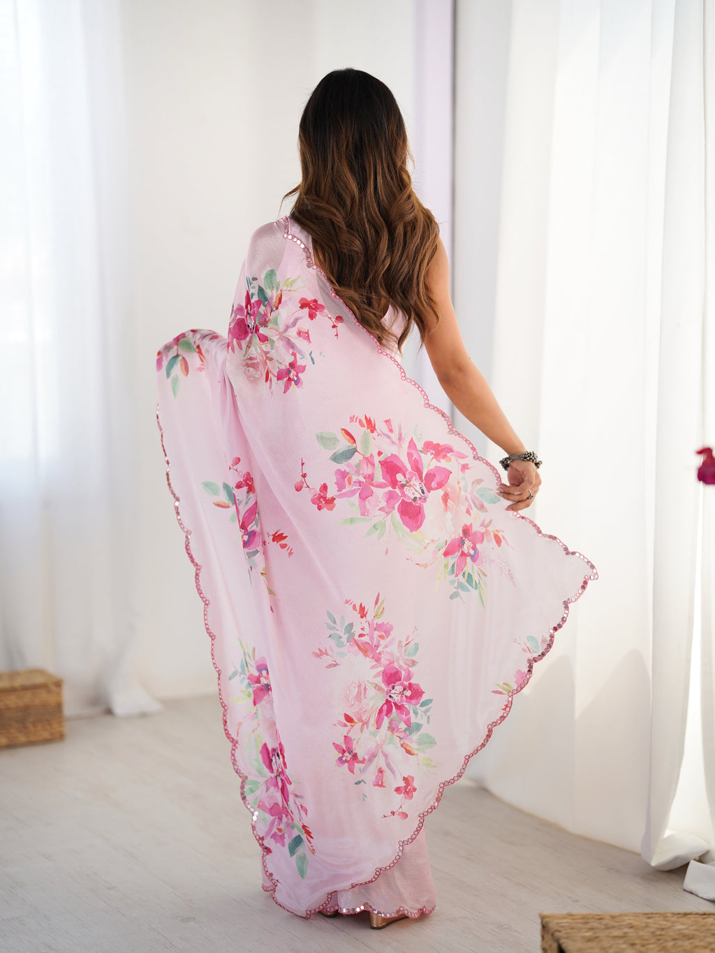 Jyoti Fashion Women's Baby Pink Chinon Digital Printed Designer Saree with Blouse - Distacart