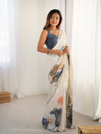 Jyoti Fashion Women's Off White Chinon Digital Printed Designer Saree with Blouse - Distacart