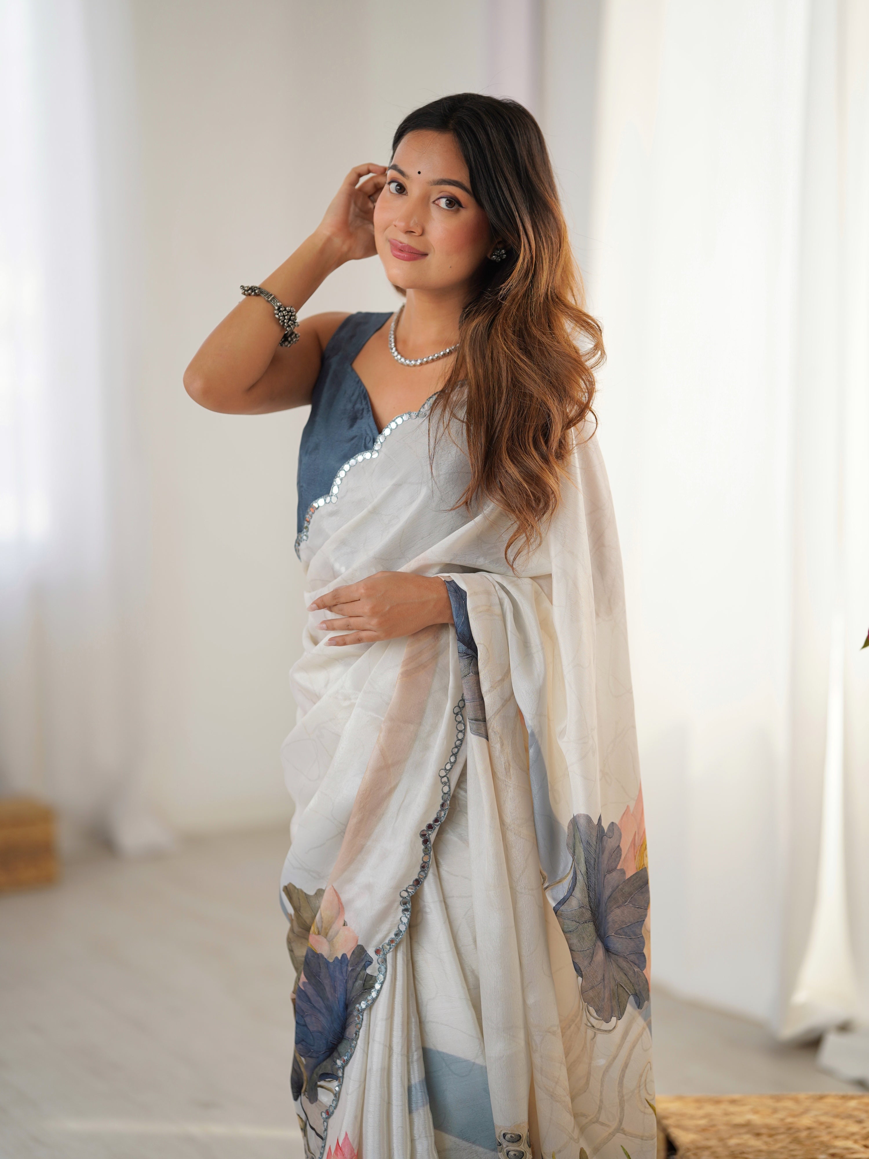 Jyoti Fashion Women's Off White Chinon Digital Printed Designer Saree with Blouse - Distacart