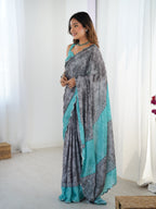 Jyoti Fashion Women's Grey Chinon Digital Printed Designer Saree with Blouse - Distacart