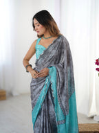 Jyoti Fashion Women's Grey Chinon Digital Printed Designer Saree with Blouse - Distacart