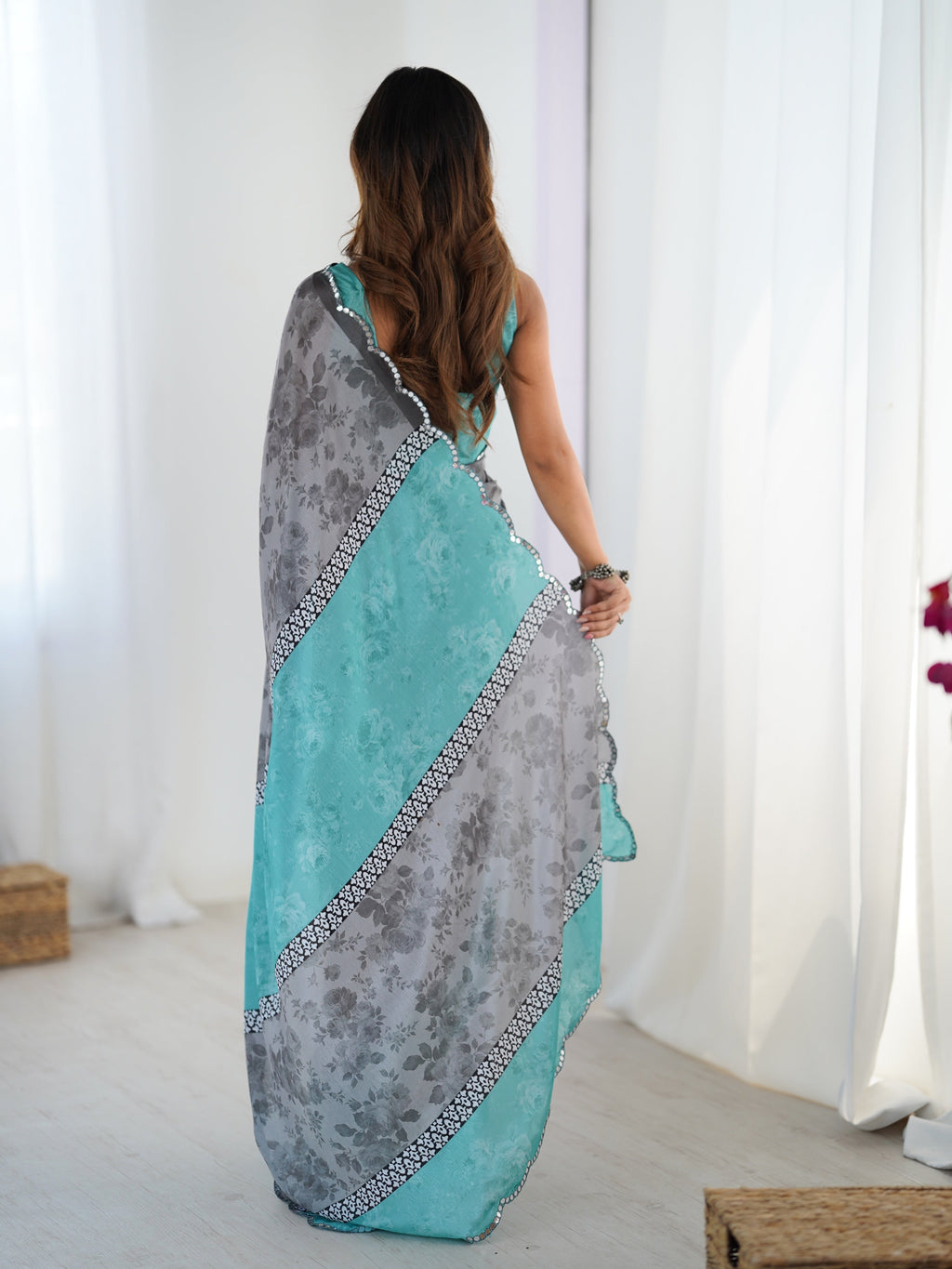 Jyoti Fashion Women's Grey Chinon Digital Printed Designer Saree with Blouse - Distacart