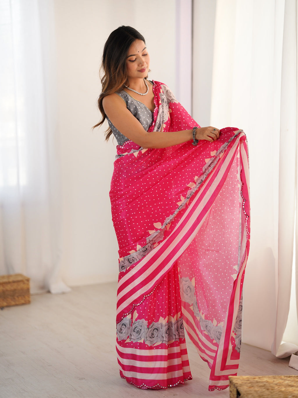 Jyoti Fashion Women's Pink Chinon Digital Printed Designer Saree with Blouse - Distacart