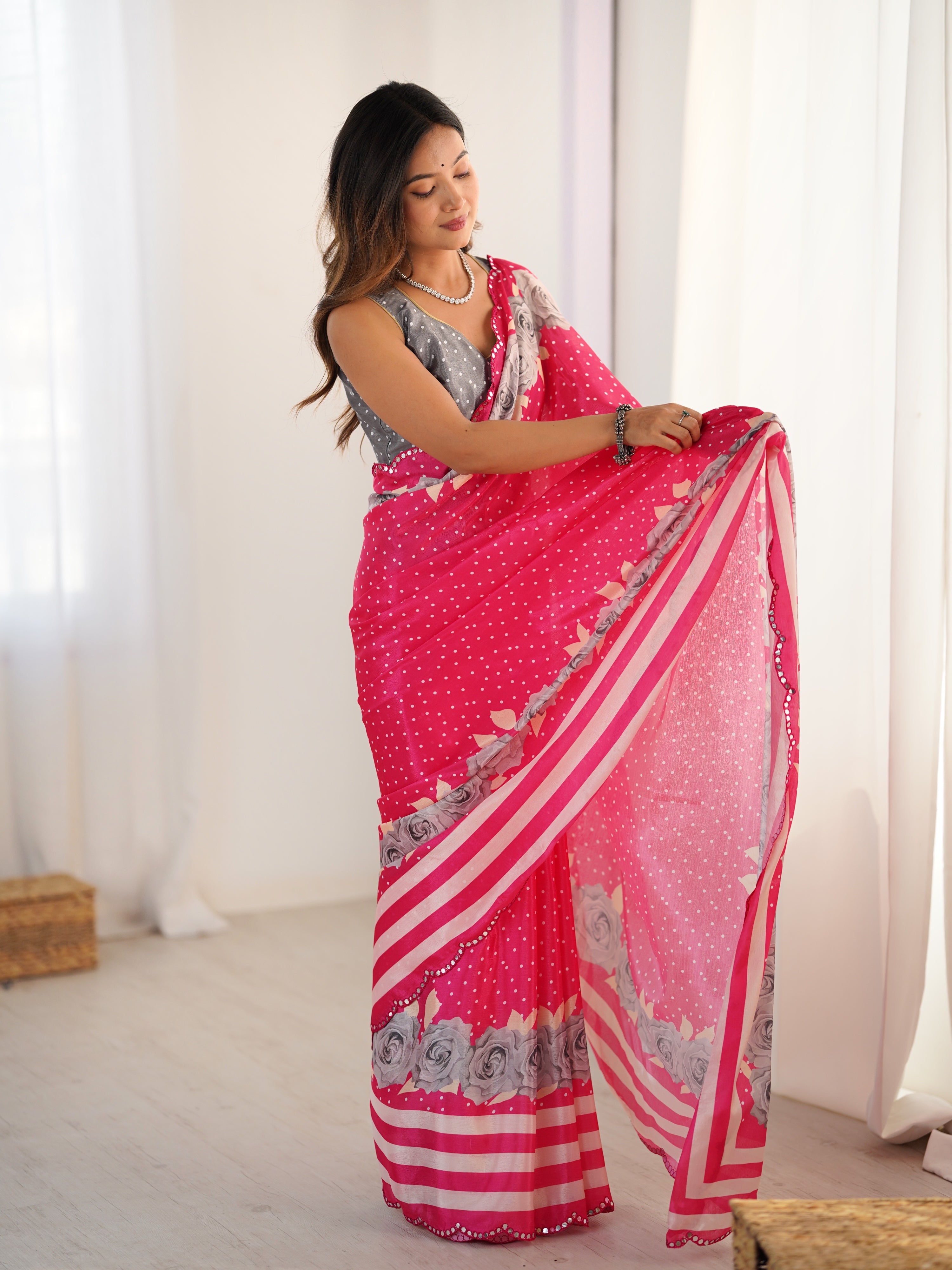 Jyoti Fashion Women's Pink Chinon Digital Printed Designer Saree with Blouse - Distacart