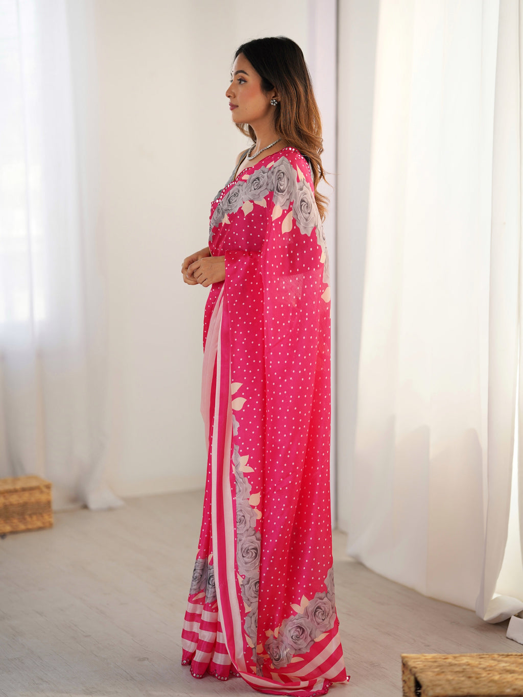 Jyoti Fashion Women's Pink Chinon Digital Printed Designer Saree with Blouse - Distacart