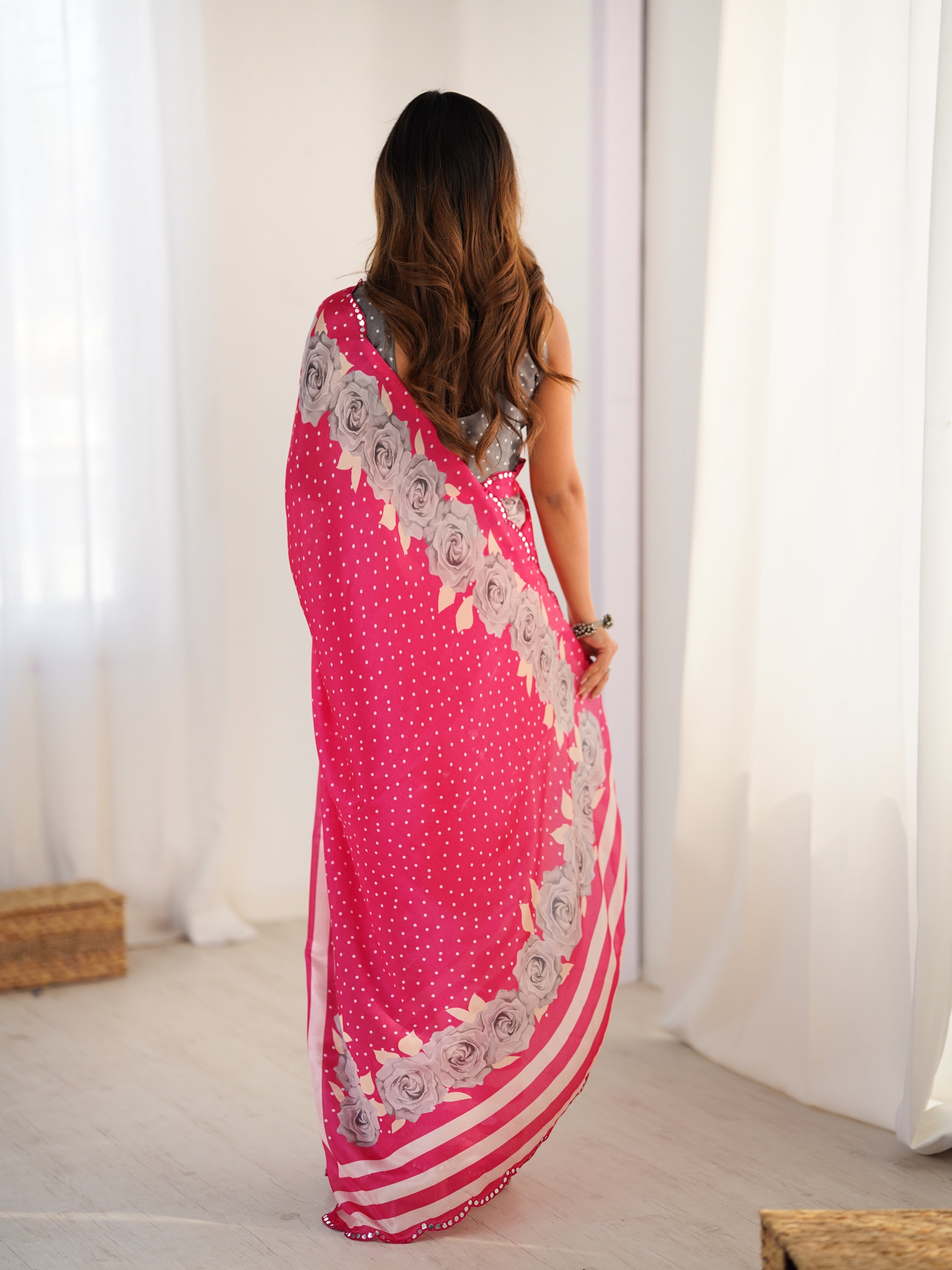 Jyoti Fashion Women's Pink Chinon Digital Printed Designer Saree with Blouse - Distacart