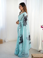 Jyoti Fashion Women's Sea Green Chinon Digital Printed Designer Saree with Blouse - Distacart